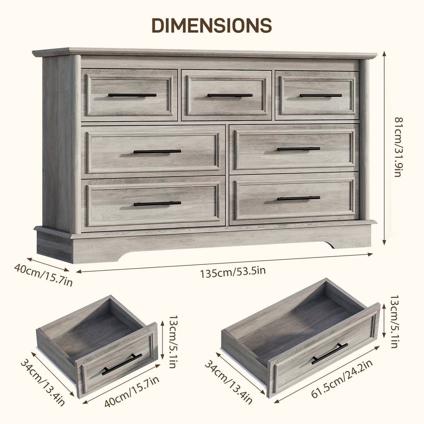 7 Drawers Dresser for Bedroom, Farmhouse Wide Dresser Wood Chest of Drawers, Gray
