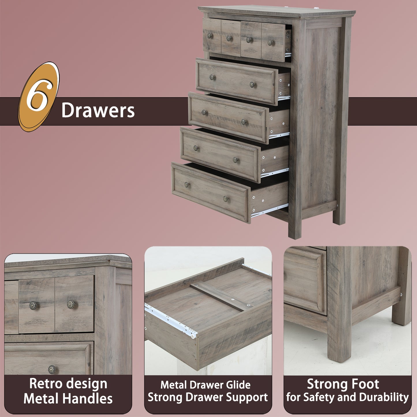 6 Drawers Dresser for Bedroom, Farmhouse Tall Dresser, Gray