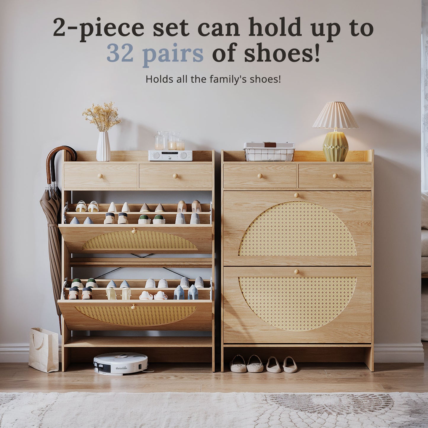 HolliWill Shoe Storage Cabinet with 2 Rattan Flip Drawers & 2 Drawers