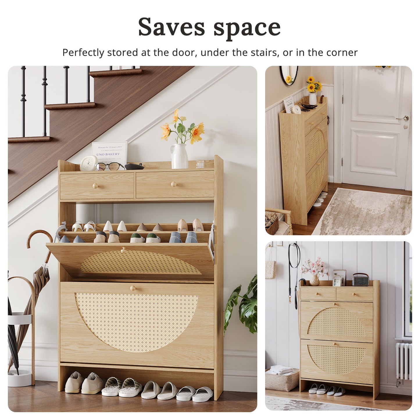 HolliWill Shoe Storage Cabinet with 2 Rattan Flip Drawers & 2 Drawers