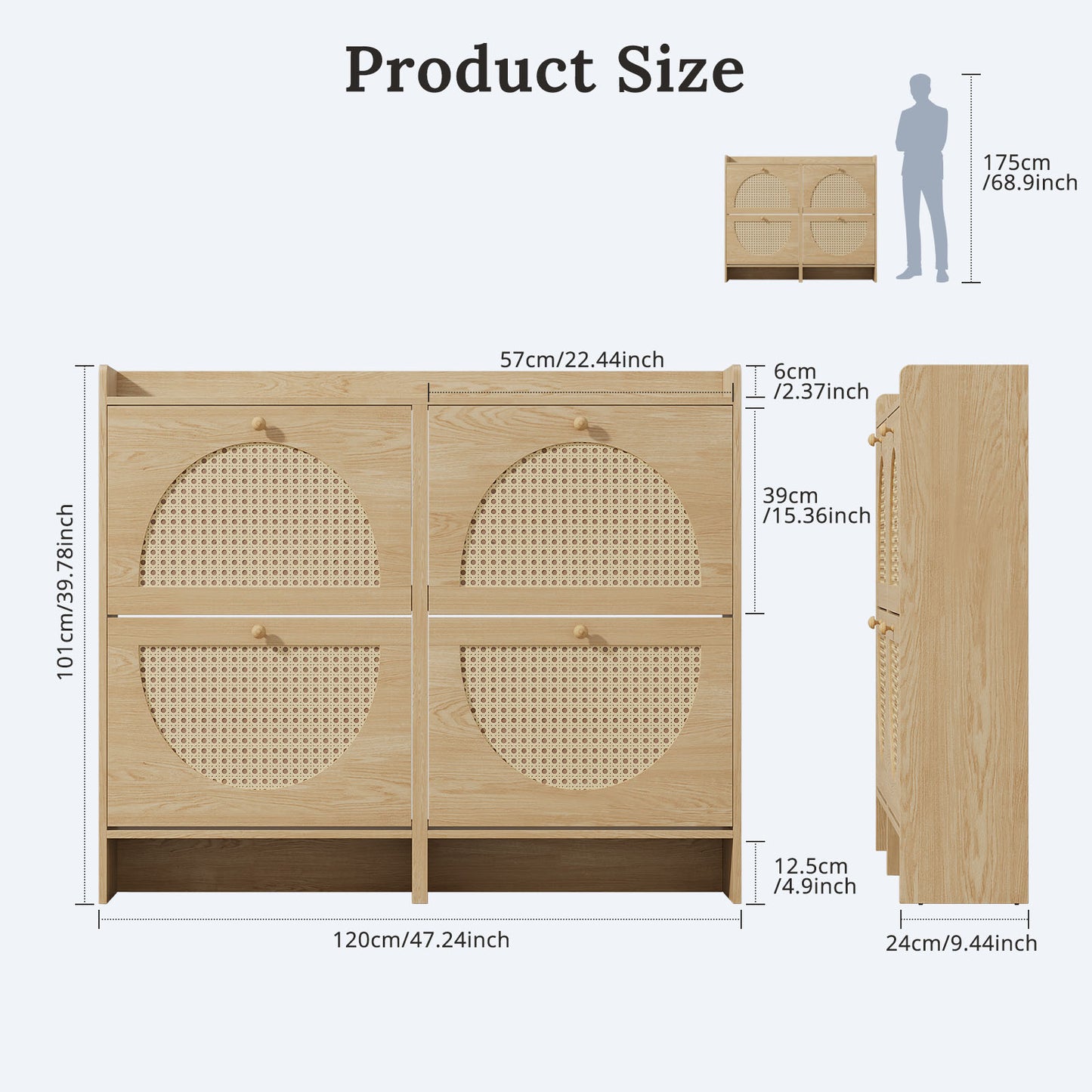 HolliWill Shoe Storage Cabinet with 4 Flip Drawers, Rattan Narrow Shoes Organizer Cabinet