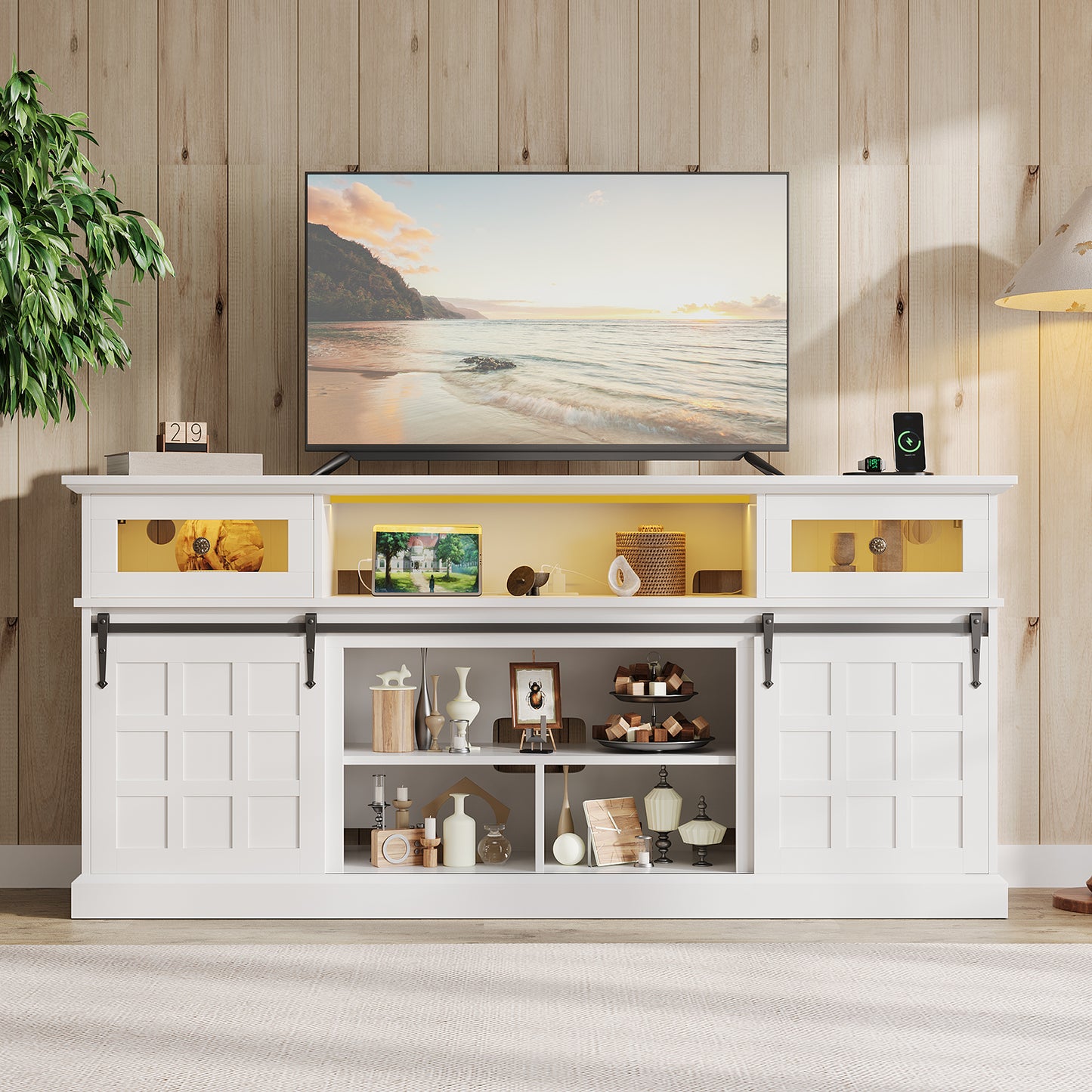 70" TV Stand for TVs up to 80" with Charging Station & LED Lights,White