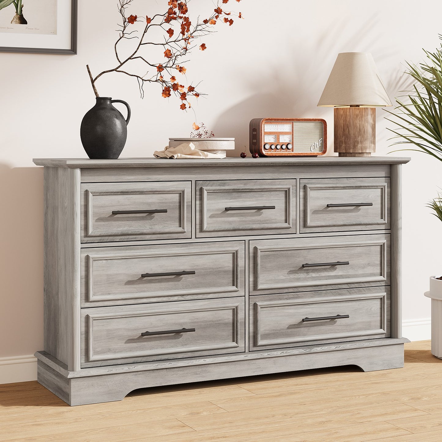 7 Drawers Dresser for Bedroom, Farmhouse Wide Dresser Wood Chest of Drawers, Gray