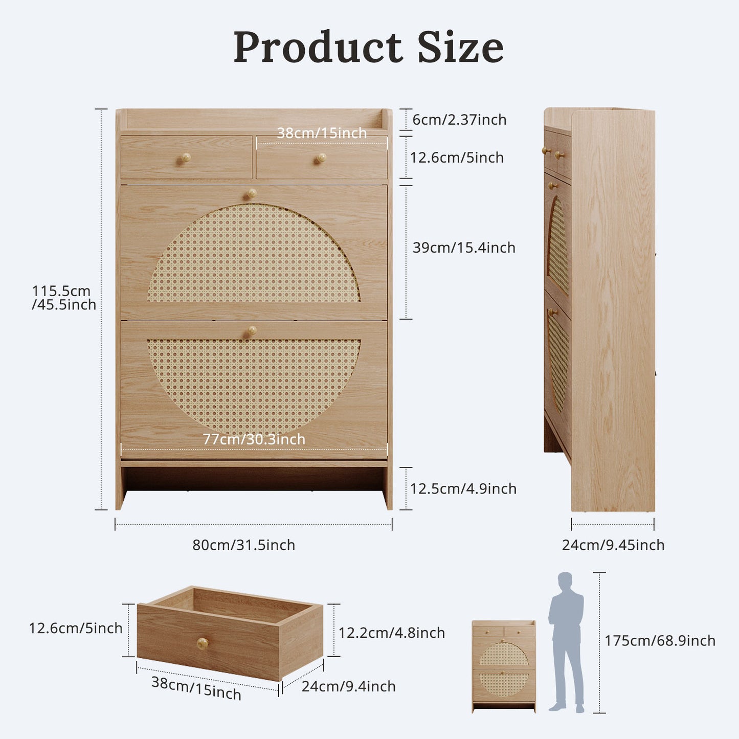 HolliWill Shoe Storage Cabinet with 2 Rattan Flip Drawers & 2 Drawers