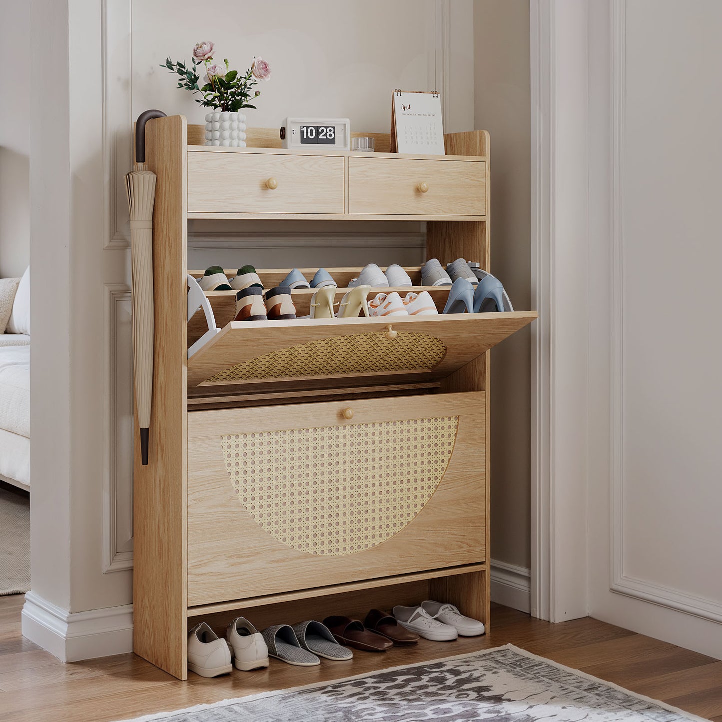 HolliWill Shoe Storage Cabinet with 2 Rattan Flip Drawers & 2 Drawers
