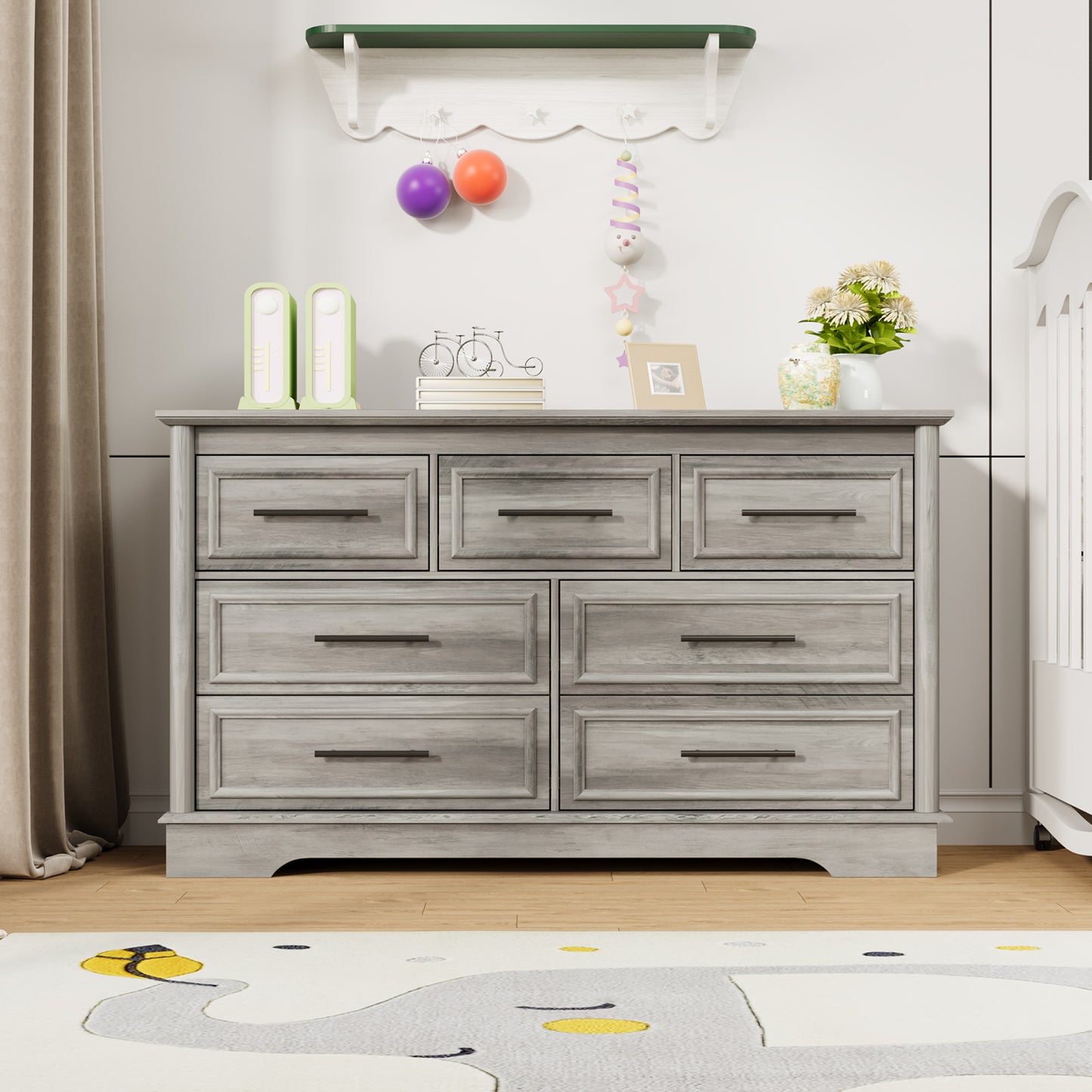 7 Drawers Dresser for Bedroom, Farmhouse Wide Dresser Wood Chest of Drawers, Gray