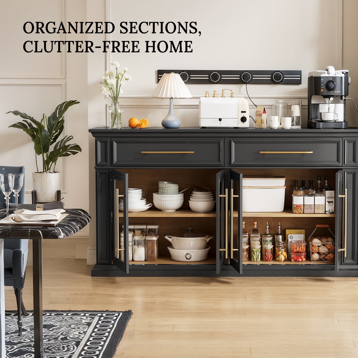 HolliWill 63" Modern Buffet Cabinet with 2 Drawers and 4 Glass Doors, Large Sideboard Coffee Bar Cabinet