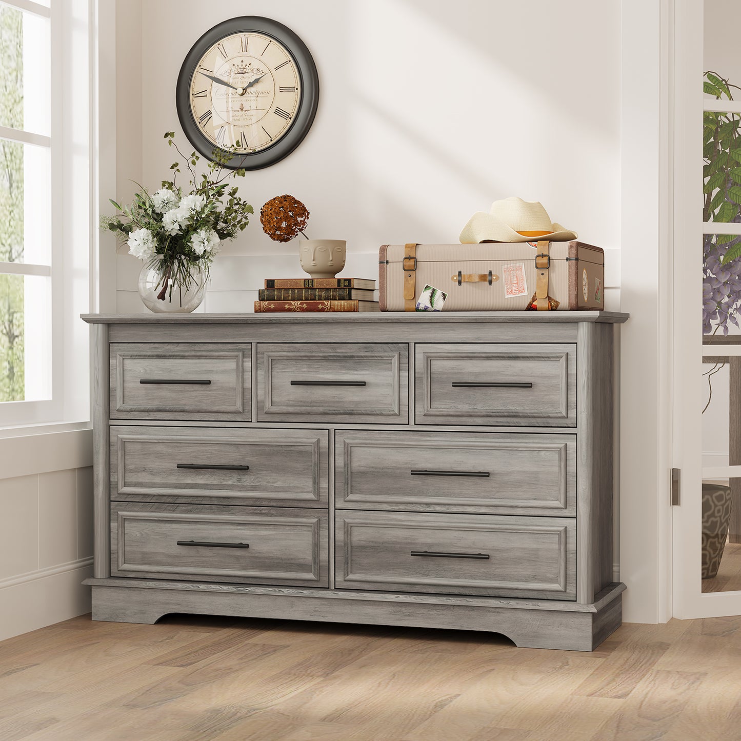 7 Drawers Dresser for Bedroom, Farmhouse Wide Dresser Wood Chest of Drawers, Gray