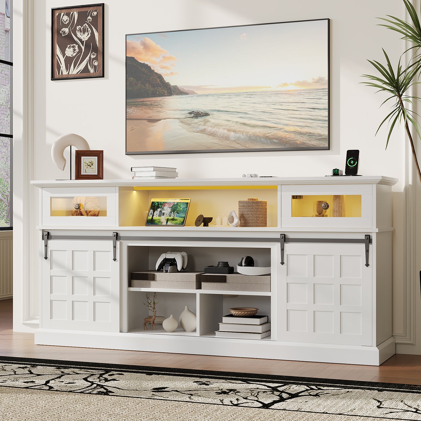 70" TV Stand for TVs up to 80" with Charging Station & LED Lights,White