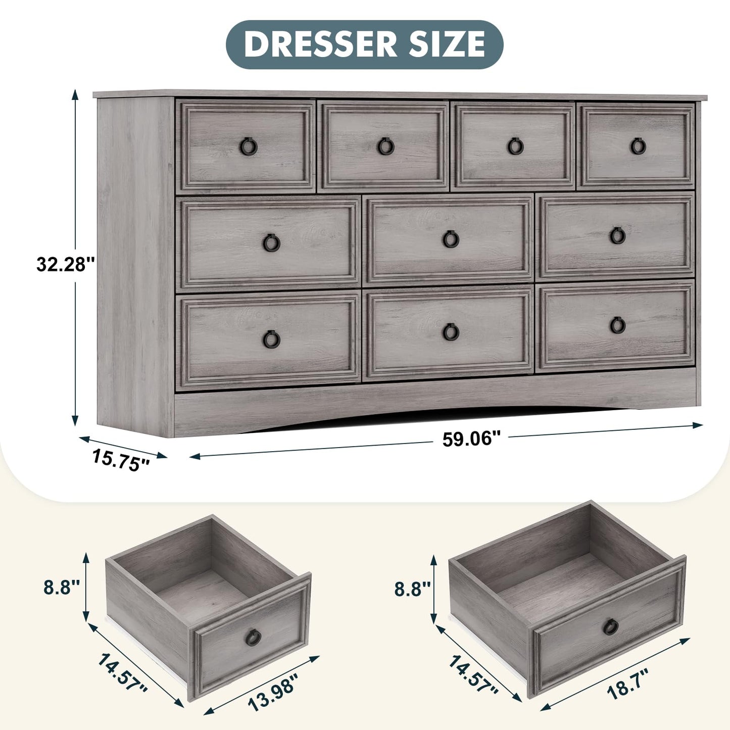 Modern 7 Drawer Dresser Gray Dressers for Bedroom, Wood Dresser with Drawers for Clothes Storage, 47" Long Dresser with Textured Borders Deep Drawer, Chest of Drawers Closet Organizers for Bedroom