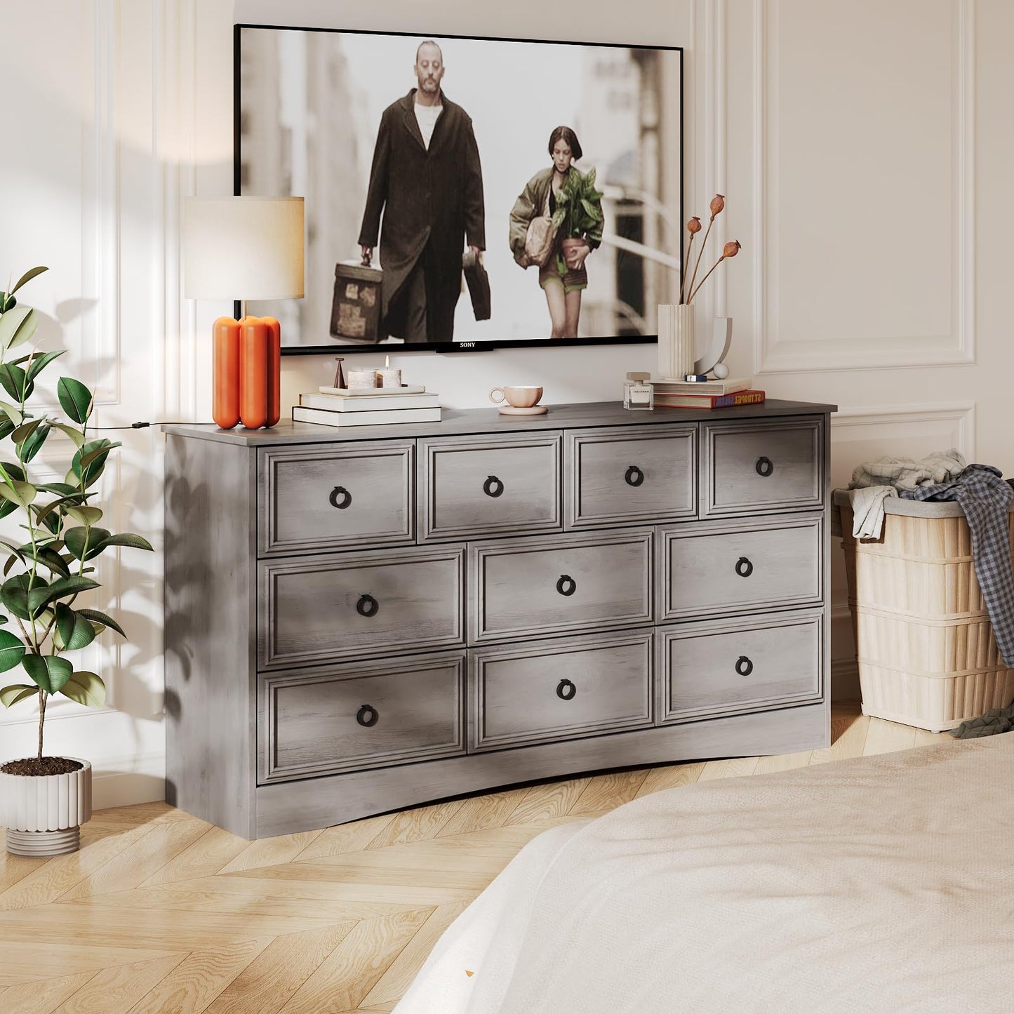 Modern 7 Drawer Dresser Gray Dressers for Bedroom, Wood Dresser with Drawers for Clothes Storage, 47" Long Dresser with Textured Borders Deep Drawer, Chest of Drawers Closet Organizers for Bedroom