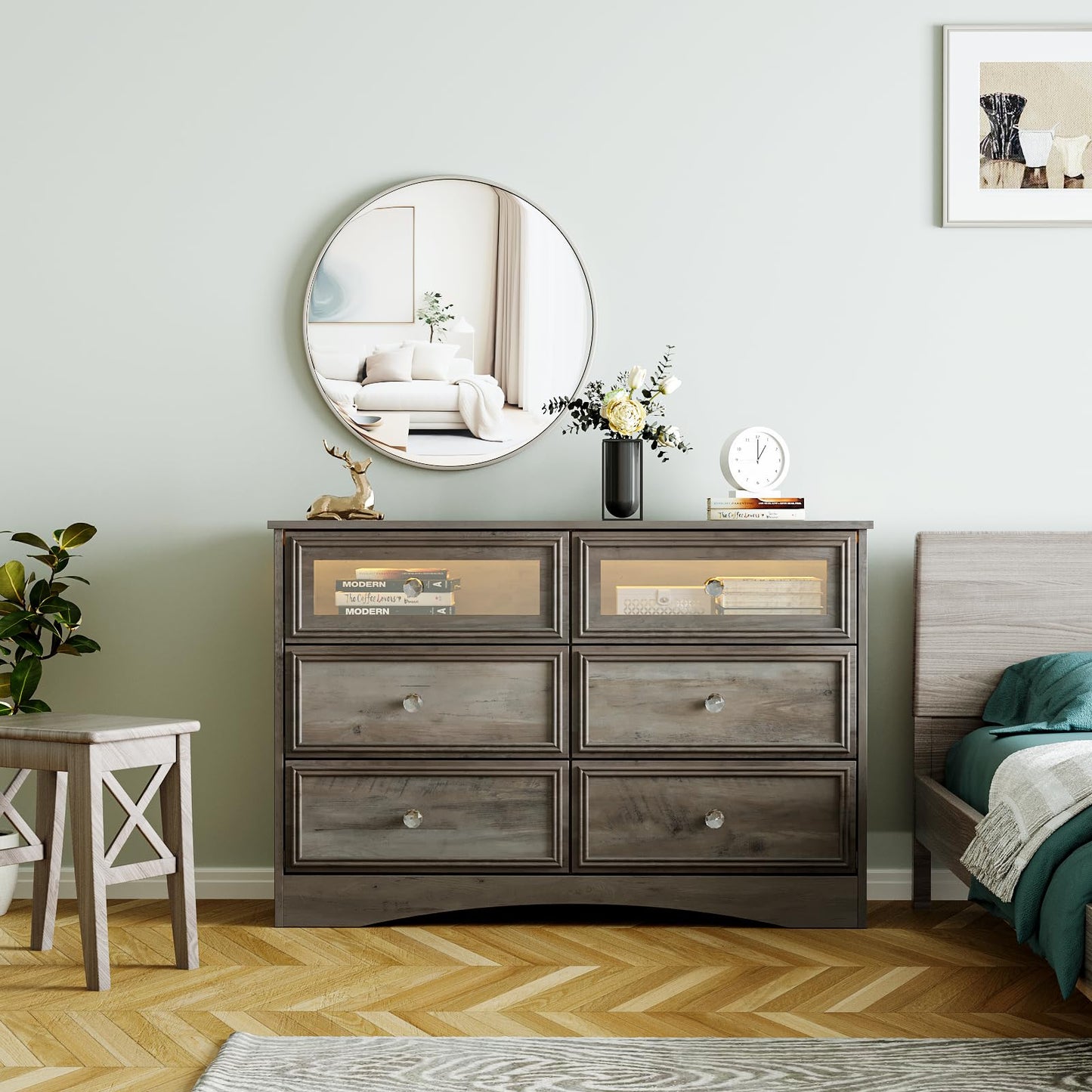 Modern 7 Drawer Dresser Gray Dressers for Bedroom, Wood Dresser with Drawers for Clothes Storage, 47" Long Dresser with Textured Borders Deep Drawer, Chest of Drawers Closet Organizers for Bedroom