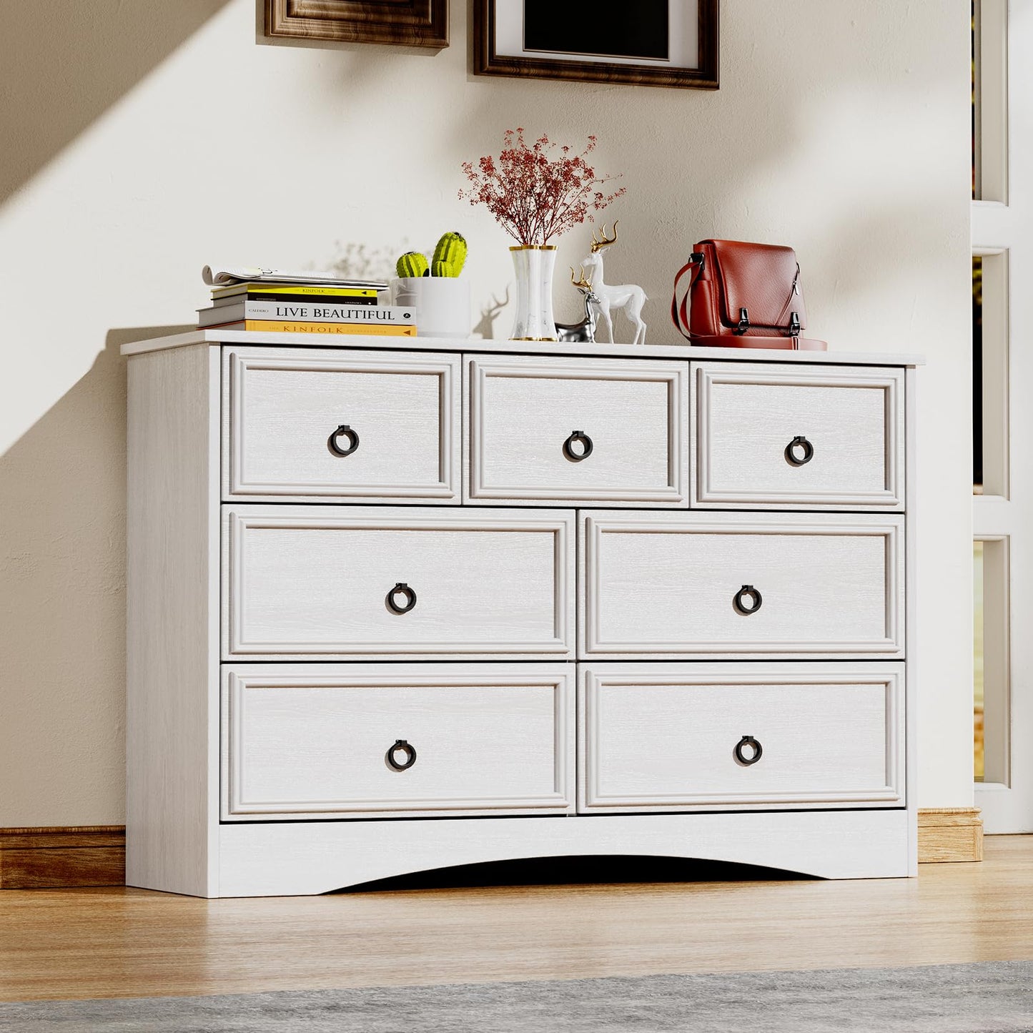 Modern 7 Drawer Dresser Gray Dressers for Bedroom, Wood Dresser with Drawers for Clothes Storage, 47" Long Dresser with Textured Borders Deep Drawer, Chest of Drawers Closet Organizers for Bedroom