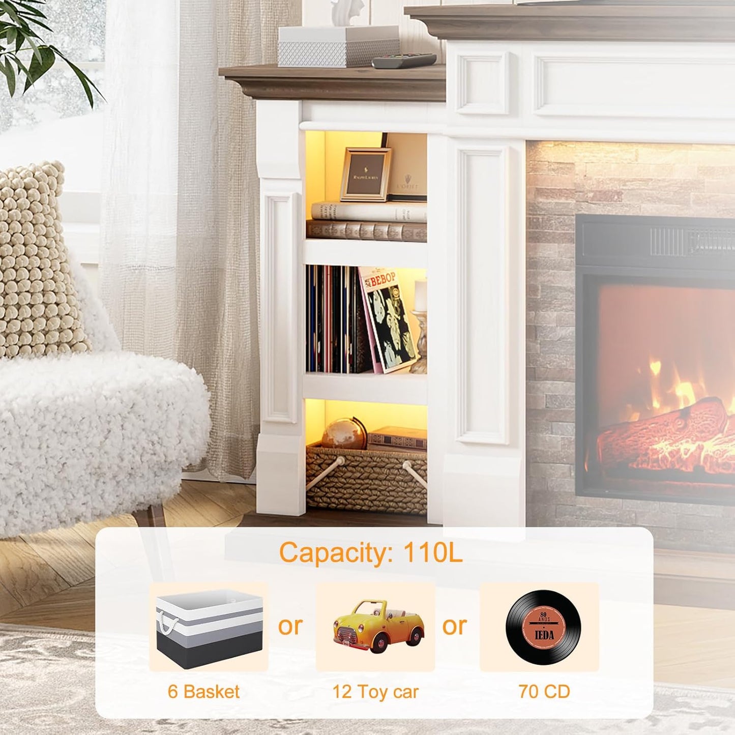 71" Fireplace Mantel TV Stand Entertainment Center for TVs up to 80" with LED Lights