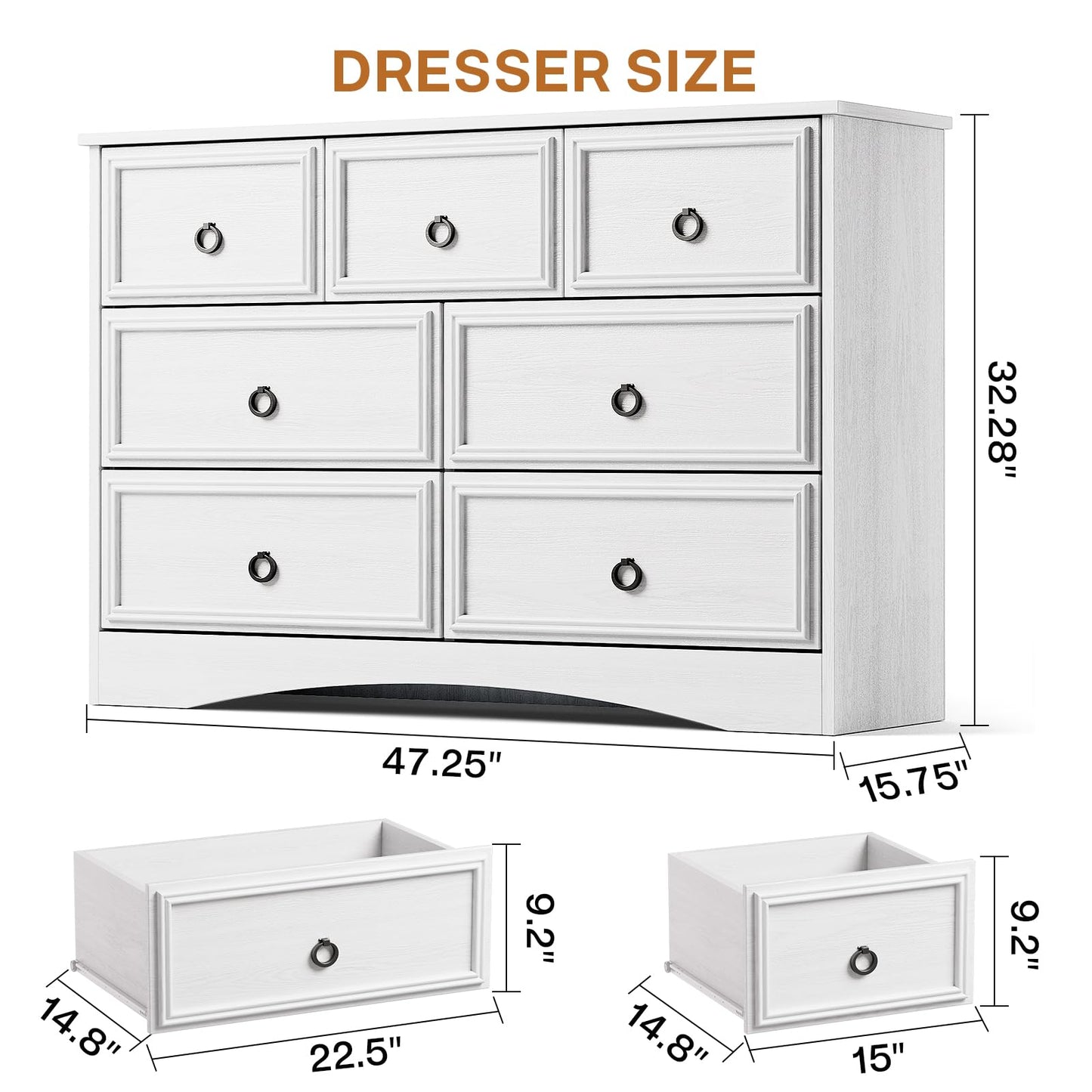 Modern 7 Drawer Dresser Gray Dressers for Bedroom, Wood Dresser with Drawers for Clothes Storage, 47" Long Dresser with Textured Borders Deep Drawer, Chest of Drawers Closet Organizers for Bedroom