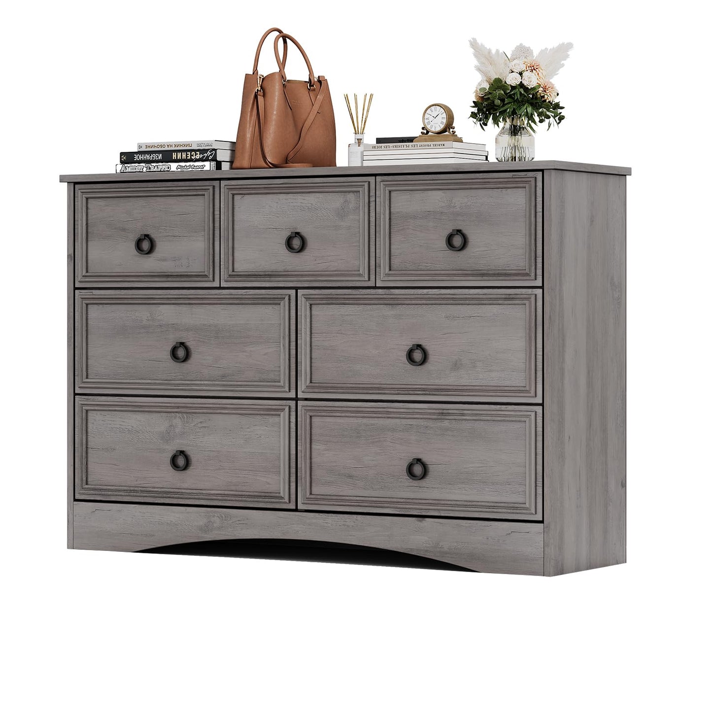 Modern 7 Drawer Dresser Gray Dressers for Bedroom, Wood Dresser with Drawers for Clothes Storage, 47" Long Dresser with Textured Borders Deep Drawer, Chest of Drawers Closet Organizers for Bedroom