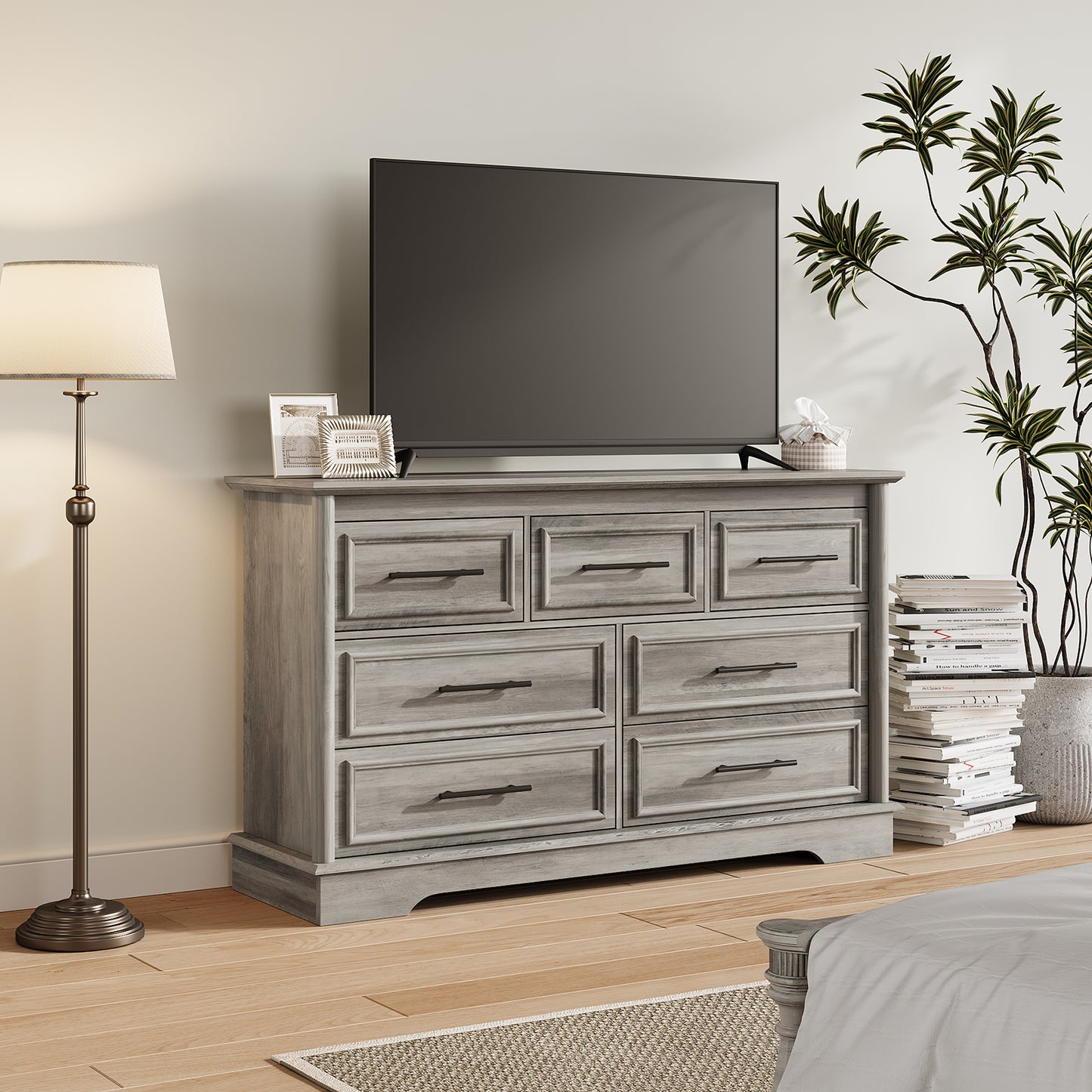 7 Drawers Dresser for Bedroom, Farmhouse Wide Dresser Wood Chest of Drawers, Gray