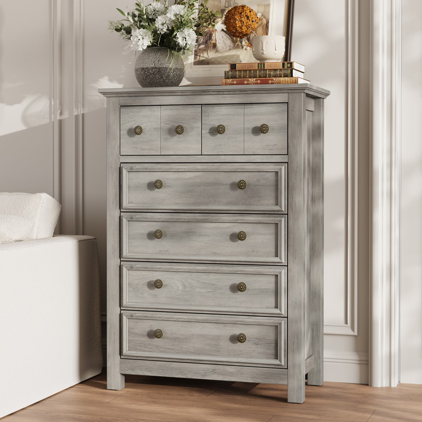 6 Drawers Dresser for Bedroom, Farmhouse Tall Dresser, Gray