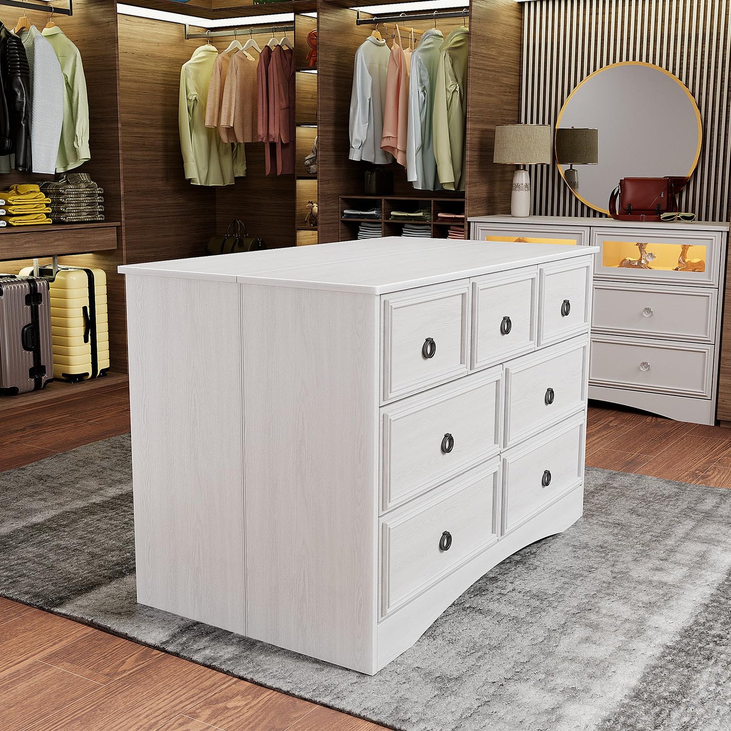 Modern 7 Drawer Dresser Gray Dressers for Bedroom, Wood Dresser with Drawers for Clothes Storage, 47" Long Dresser with Textured Borders Deep Drawer, Chest of Drawers Closet Organizers for Bedroom