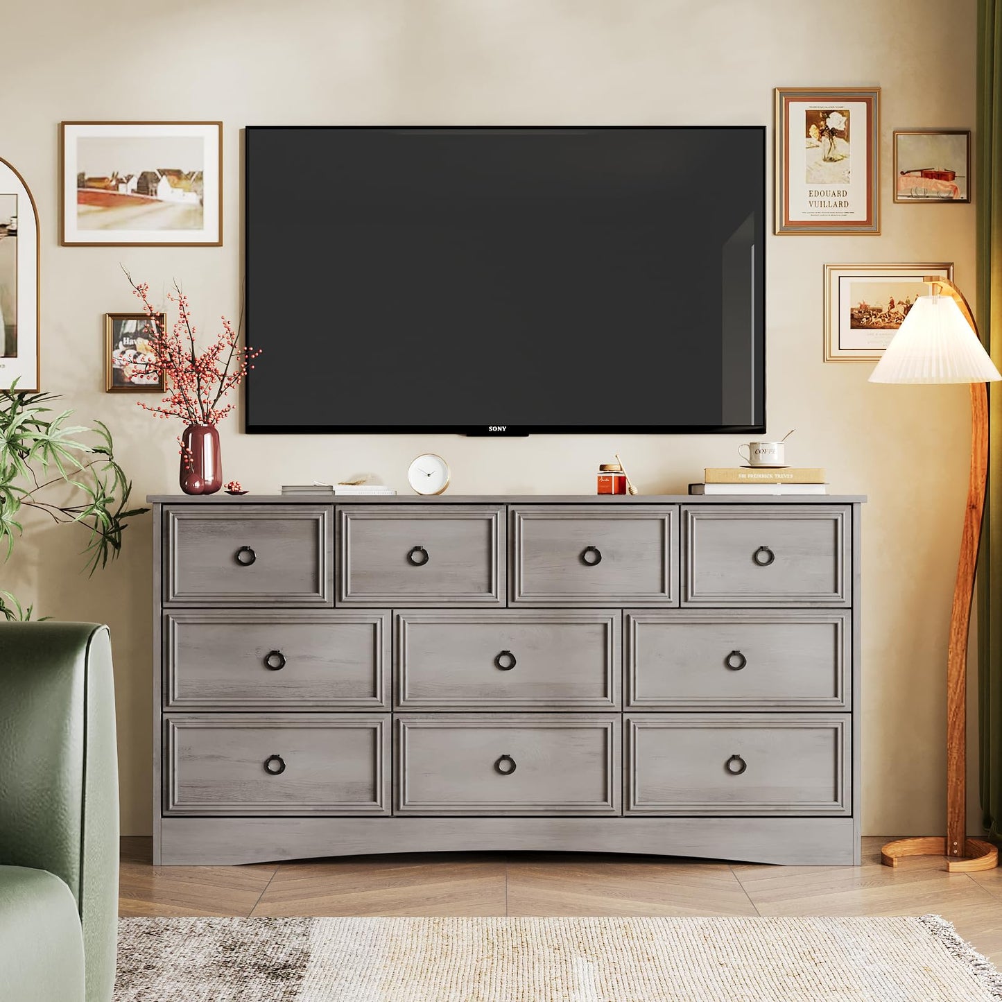 Modern 7 Drawer Dresser Gray Dressers for Bedroom, Wood Dresser with Drawers for Clothes Storage, 47" Long Dresser with Textured Borders Deep Drawer, Chest of Drawers Closet Organizers for Bedroom