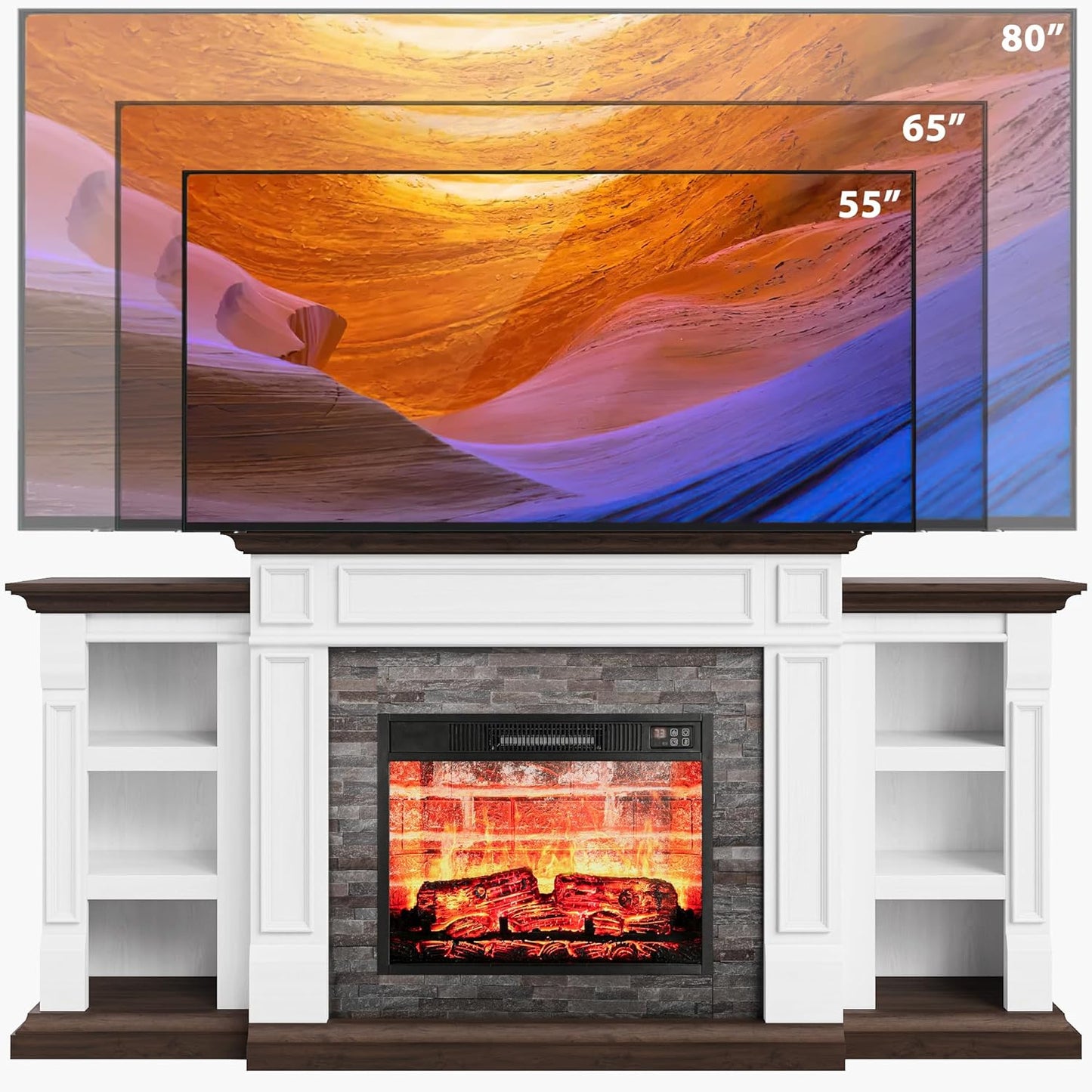 70" Fireplace Mantel TV Stand Entertainment Center for TVs up to 80" with Red Brick Fireplace