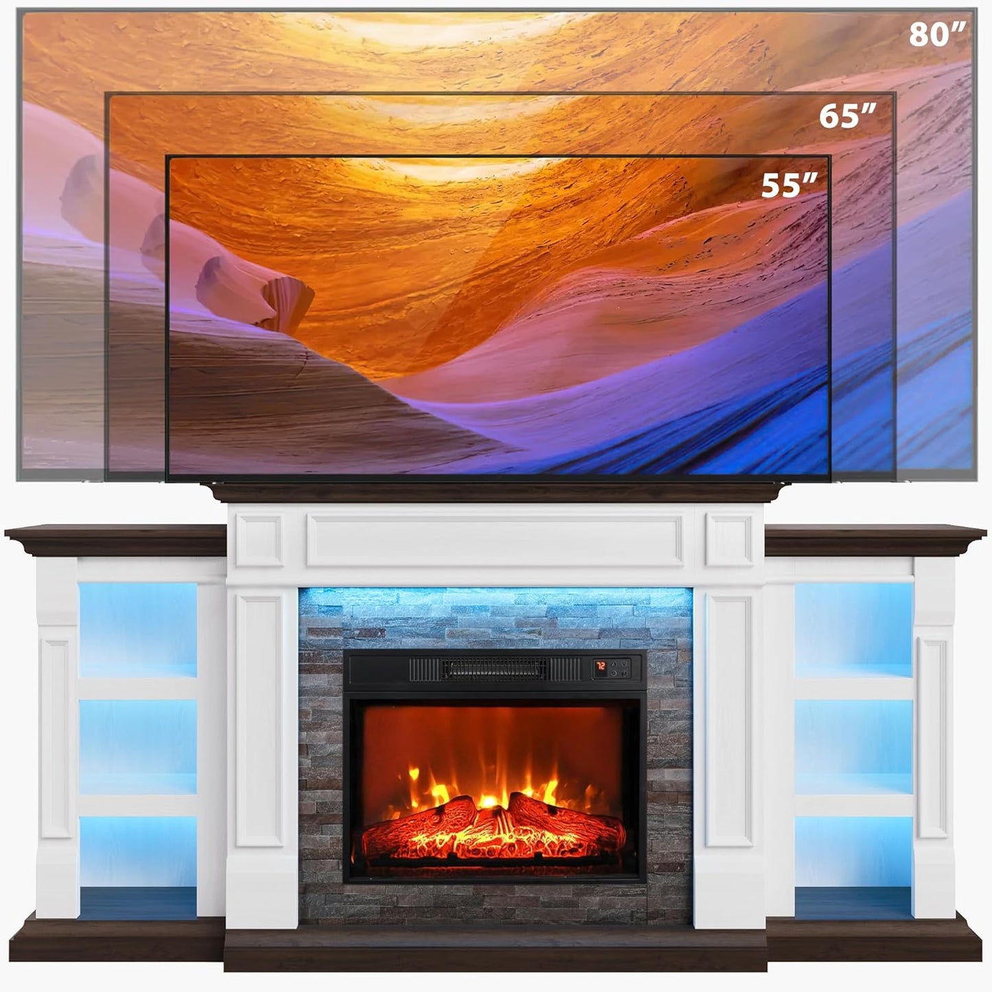 71" Fireplace Mantel TV Stand Entertainment Center for TVs up to 80" with LED Lights