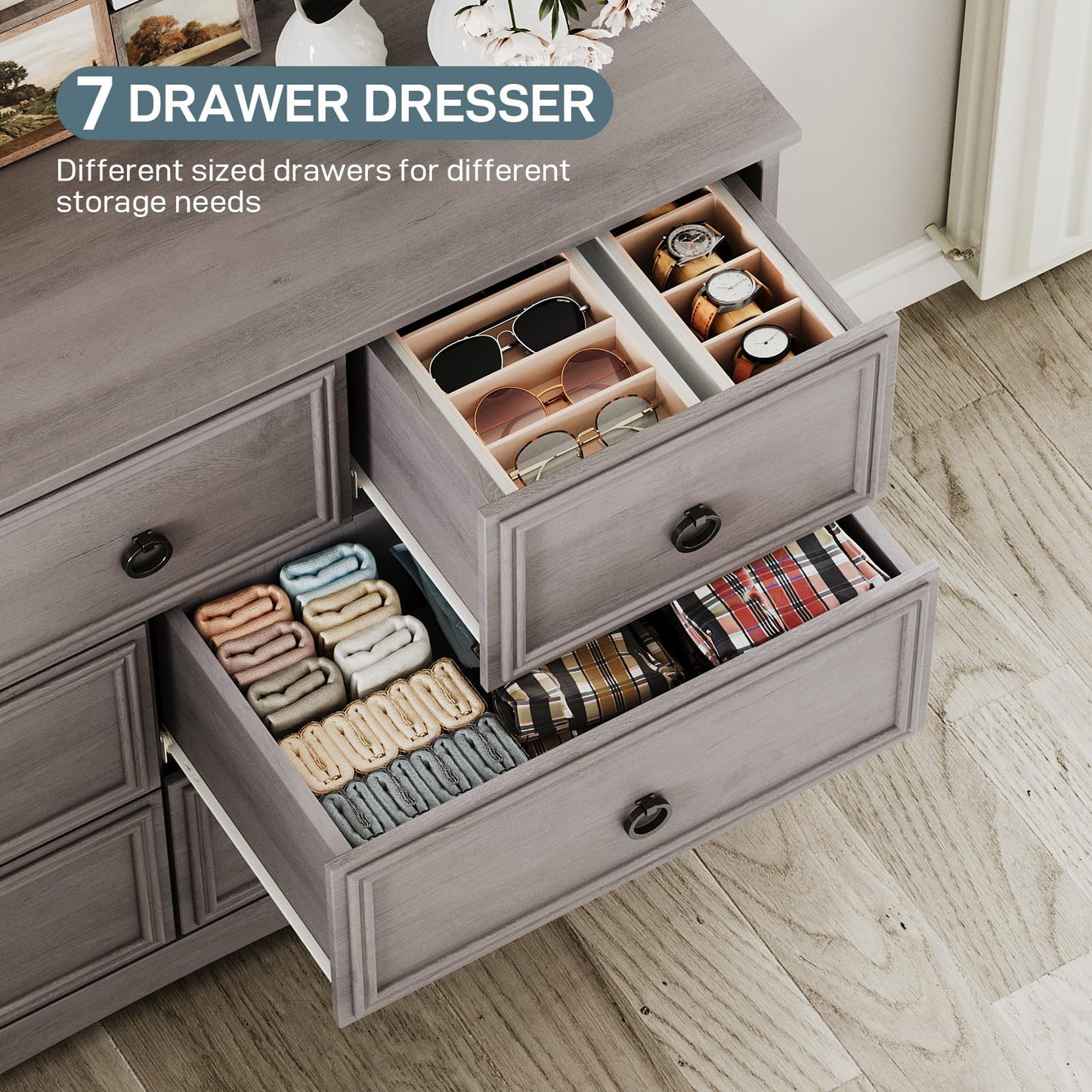 Modern 7 Drawer Dresser Gray Dressers for Bedroom, Wood Dresser with Drawers for Clothes Storage, 47" Long Dresser with Textured Borders Deep Drawer, Chest of Drawers Closet Organizers for Bedroom