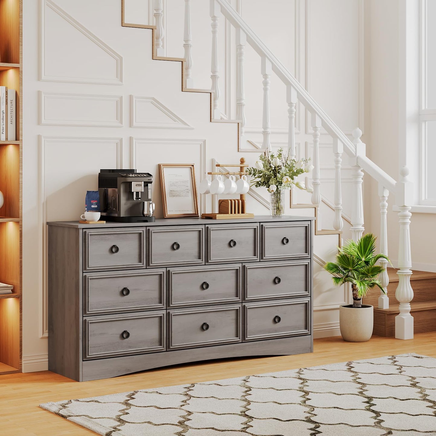 Modern 7 Drawer Dresser Gray Dressers for Bedroom, Wood Dresser with Drawers for Clothes Storage, 47" Long Dresser with Textured Borders Deep Drawer, Chest of Drawers Closet Organizers for Bedroom