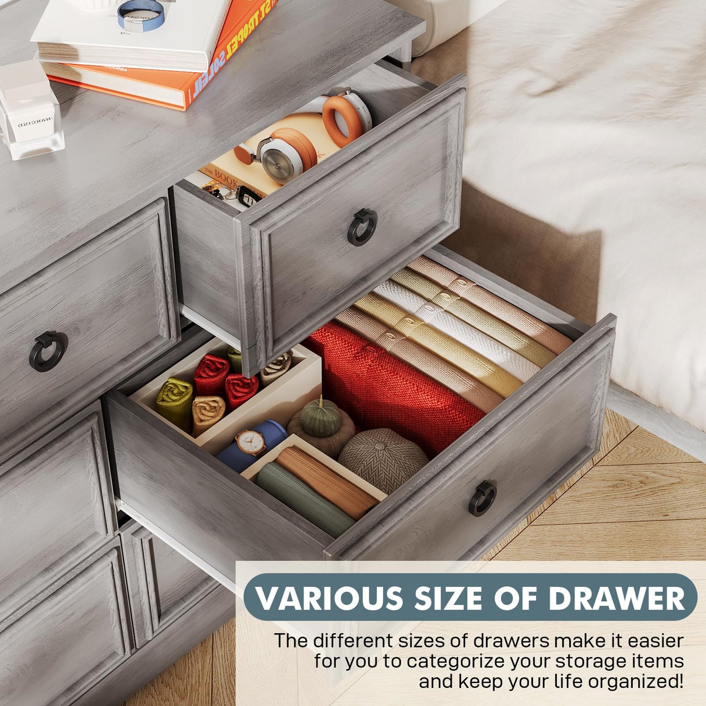 Modern 7 Drawer Dresser Gray Dressers for Bedroom, Wood Dresser with Drawers for Clothes Storage, 47" Long Dresser with Textured Borders Deep Drawer, Chest of Drawers Closet Organizers for Bedroom