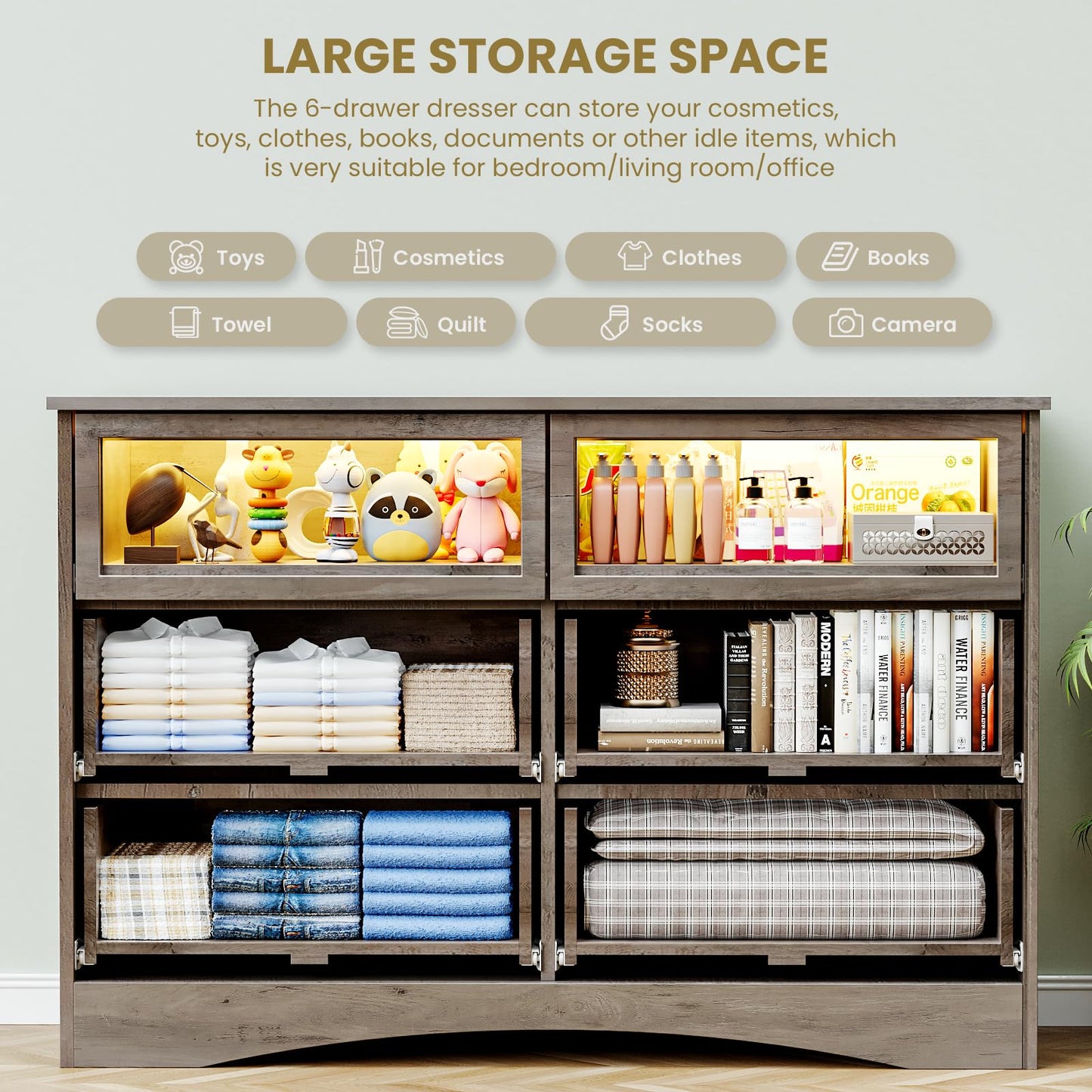 Modern 7 Drawer Dresser Gray Dressers for Bedroom, Wood Dresser with Drawers for Clothes Storage, 47" Long Dresser with Textured Borders Deep Drawer, Chest of Drawers Closet Organizers for Bedroom