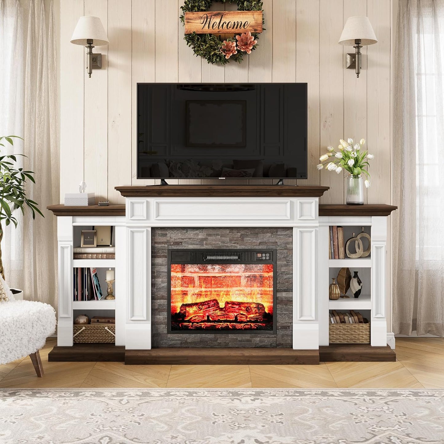 70" Fireplace Mantel TV Stand Entertainment Center for TVs up to 80" with Red Brick Fireplace