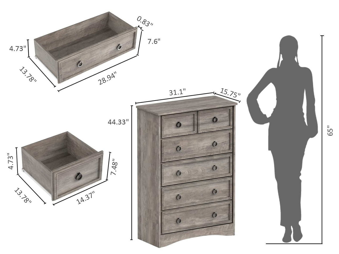 Modern 6 Drawer Dresser, Tall Storage Cabinet Chest of Drawers