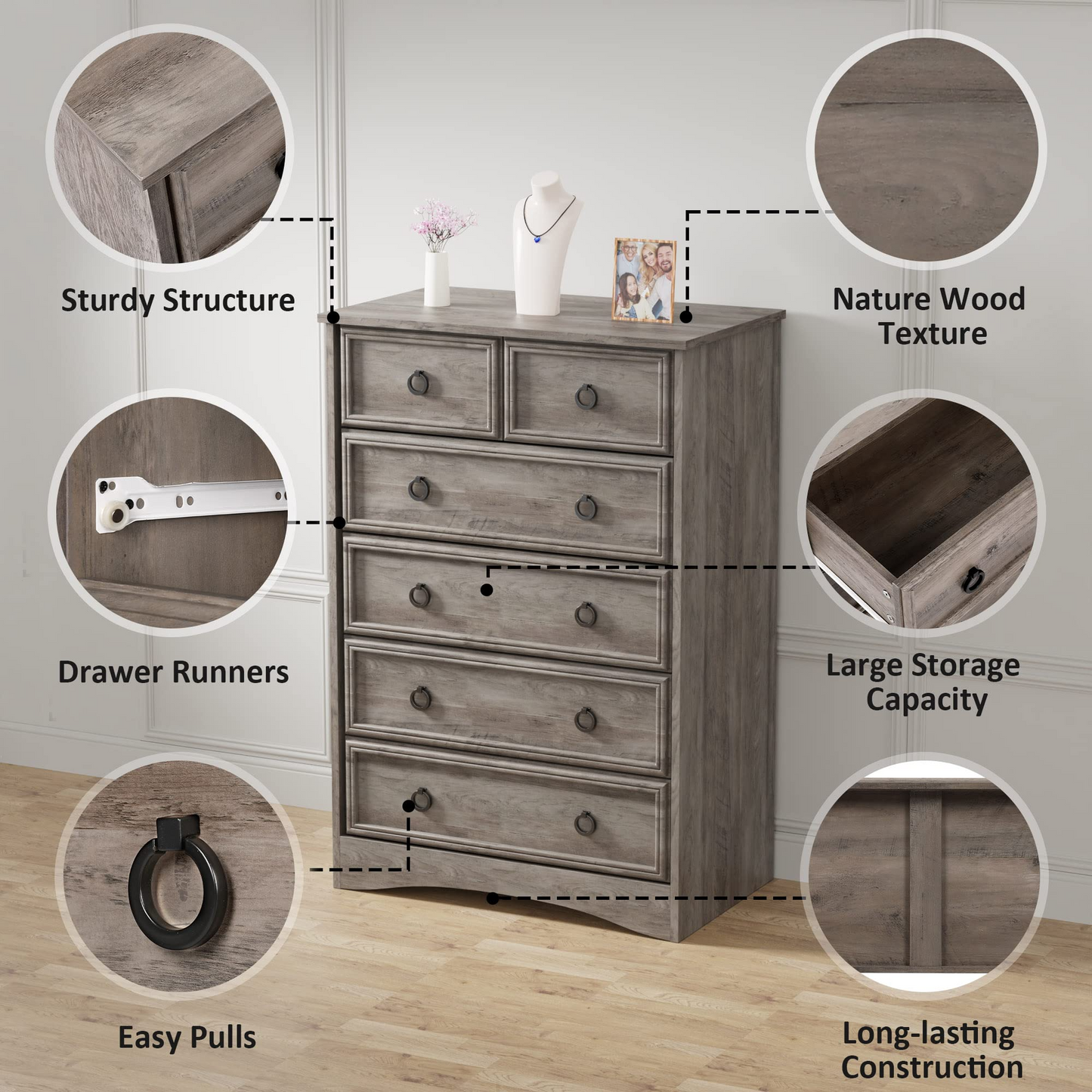 Modern 6 Drawer Dresser, Tall Storage Cabinet Chest of Drawers