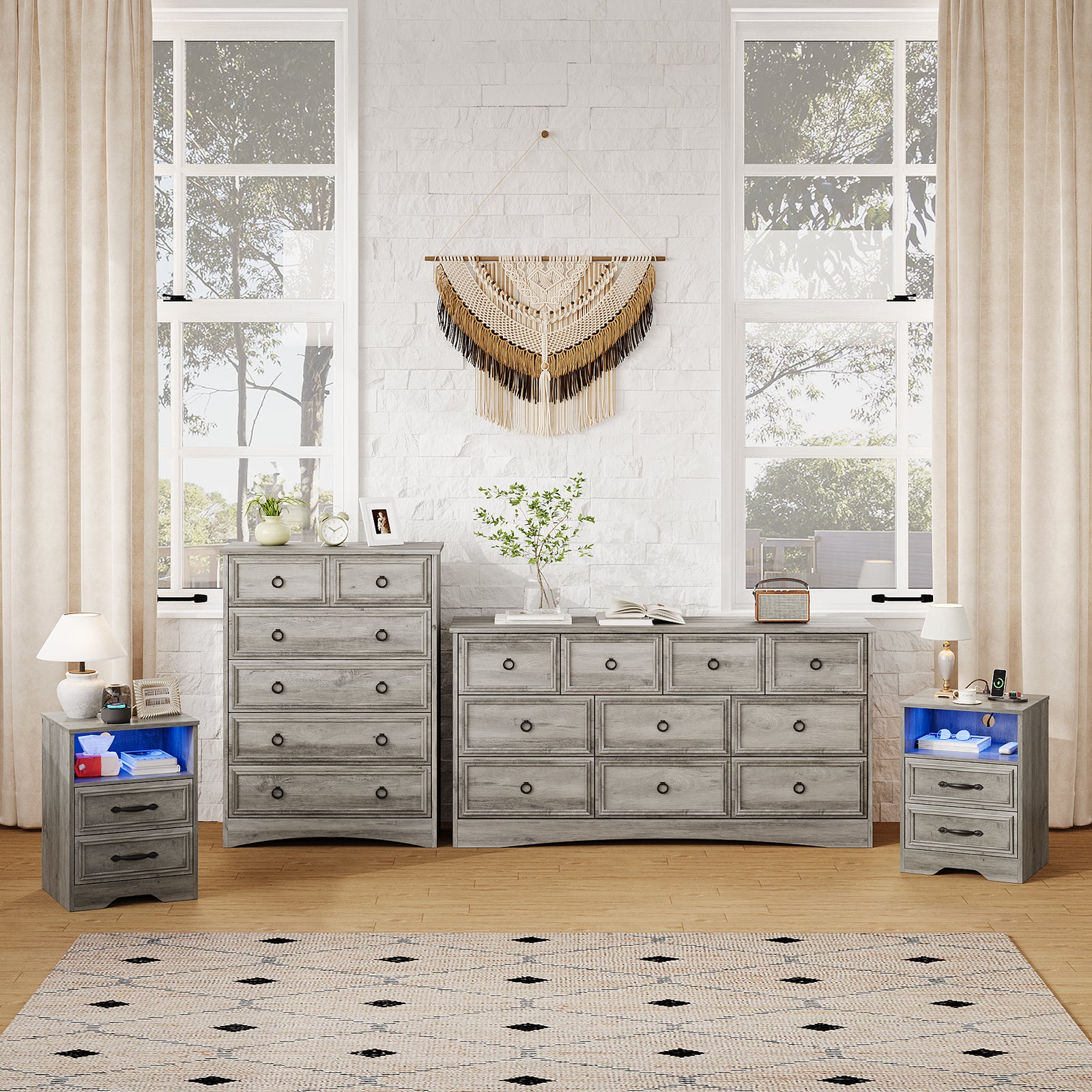 Holliwill Dresser Nightstands Set, 4 Pieces Bedroom Furniture Set, Wide 10 Drawer Dresser, Tall 6 Drawer Dresser and 2 Drawer Nightstand with LED & Outlets, Grey