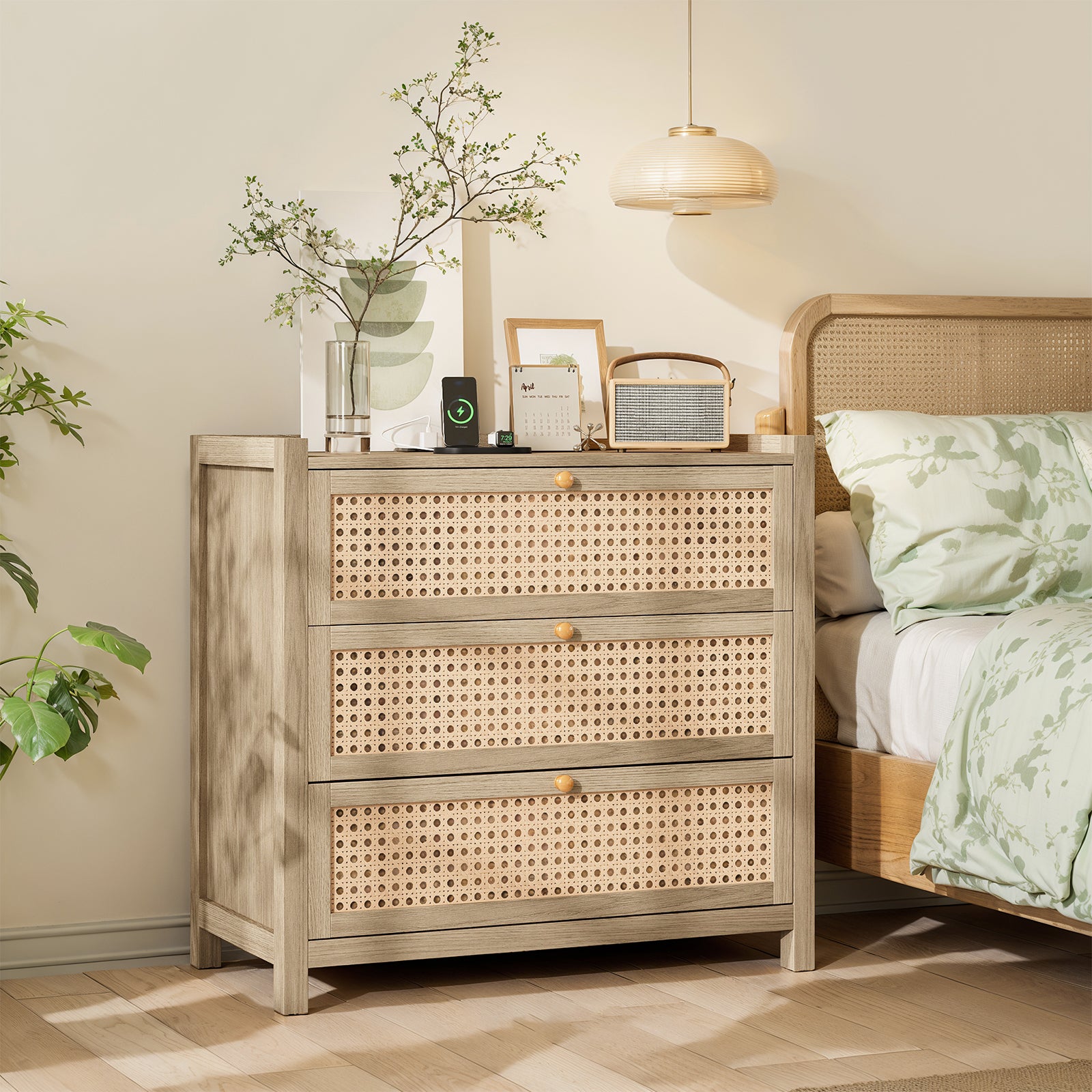 Holliwill 29.5"W Nightstand with Charging Station, 3 Drawers Dresser, Rattan Bedside Table Boho Bed Side Tables End Table with Type-C, USB Port for Bedroom, Natural Oak