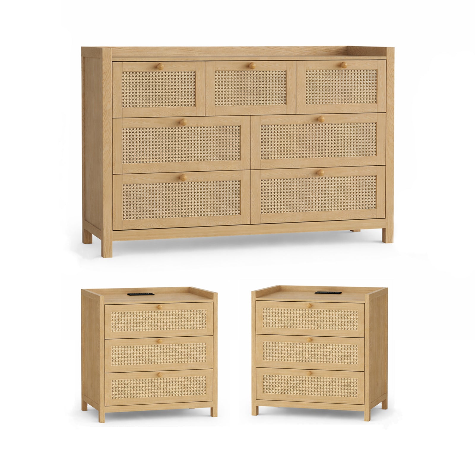 Holliwill 3 Pieces Bedroom Furniture Set, Rattan 7-Drawer Dresser and 3-Drawer Nightstand Set with Charging Station, Chest of Drawers for Bedroom, Natural Oak