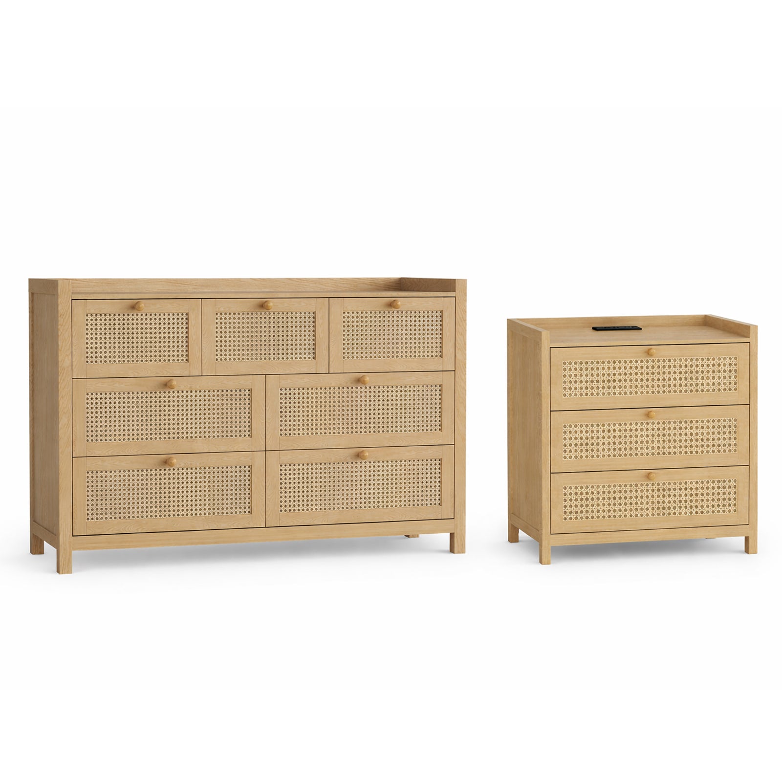 Holliwill 2 Pieces Bedroom Furniture Set, Rattan 7-Drawer Dresser and 3-Drawer Nightstand Set with Charging Station, Chest of Drawers for Bedroom, Natural Oak