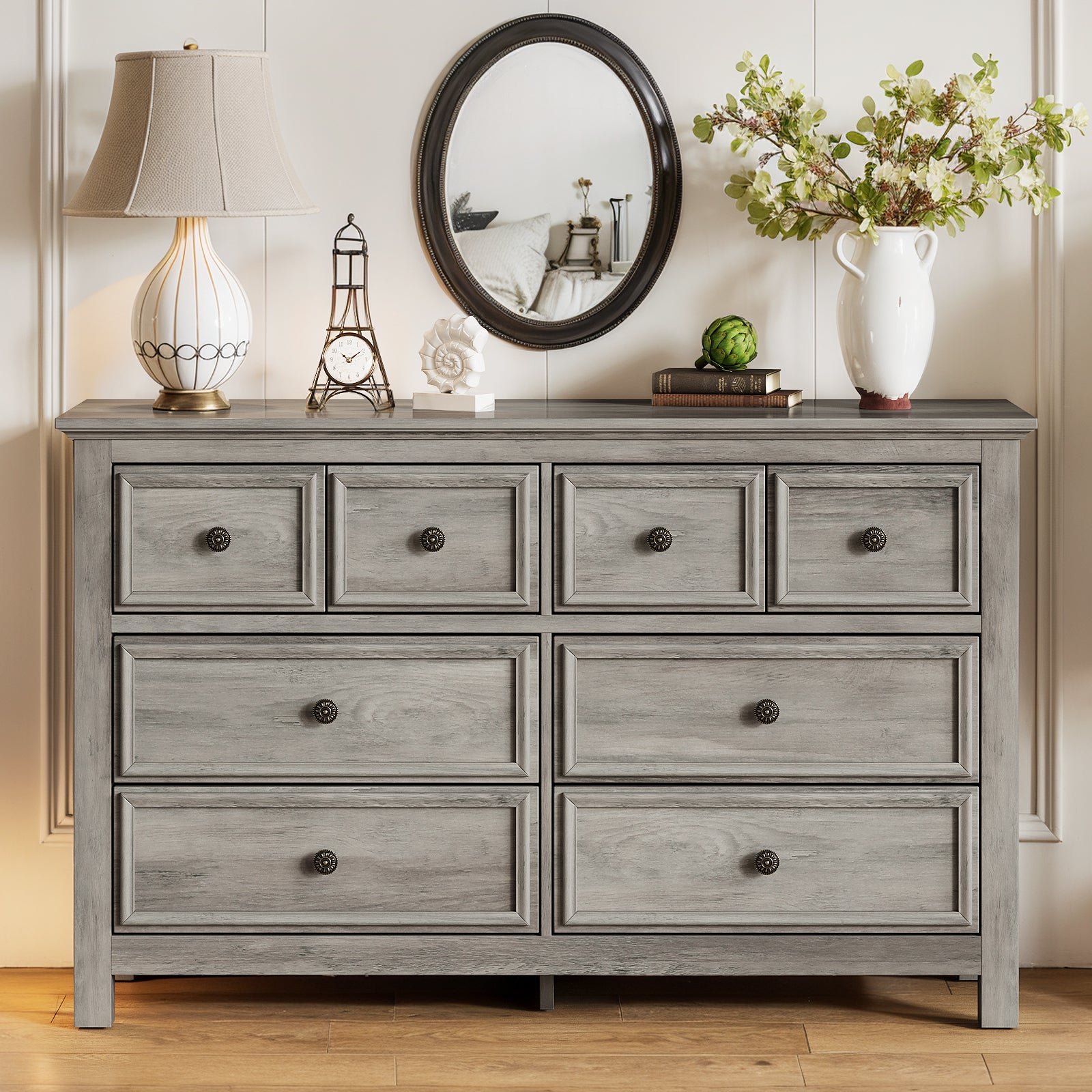 Holliwill 8 Drawers Dresser for Bedroom, Farmhouse Long Dresser Wood Chest of Drawers for Living Room, Entryway, Hallway, Gray