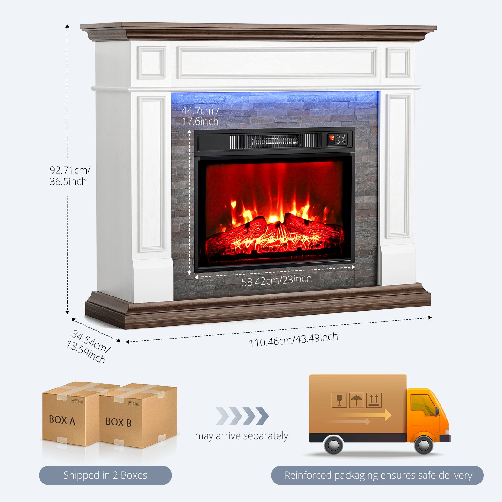 Holliwill Electric Fireplace Mantel, 44" Freestanding Fireplace Heater with LED Lights, Infrared Quartz Heater with Remote Control, 1400W, White & Brown