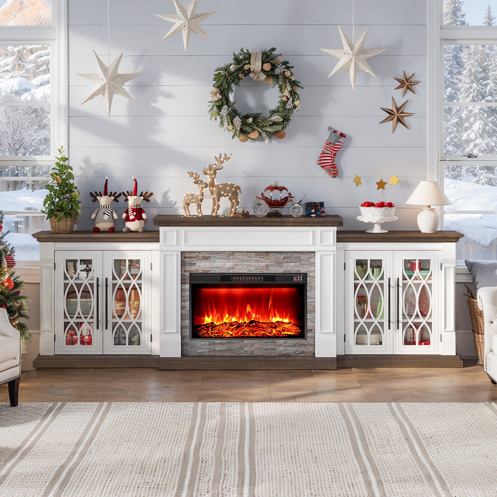 Holliwill 104" TV Stand with 30" Electric Fireplace & LED Lights & Power Outlets, Modern Farmhouse Entertainment Center with Storage Cabinet for Living Room, Large Fireplace with Mantel