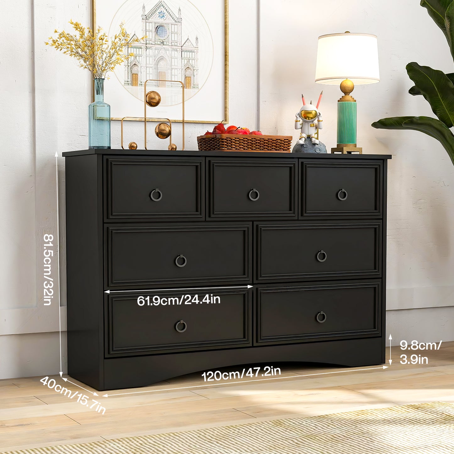 7 Drawer Dresser Chests for Bedroom, Chest of Drawers for Home Black