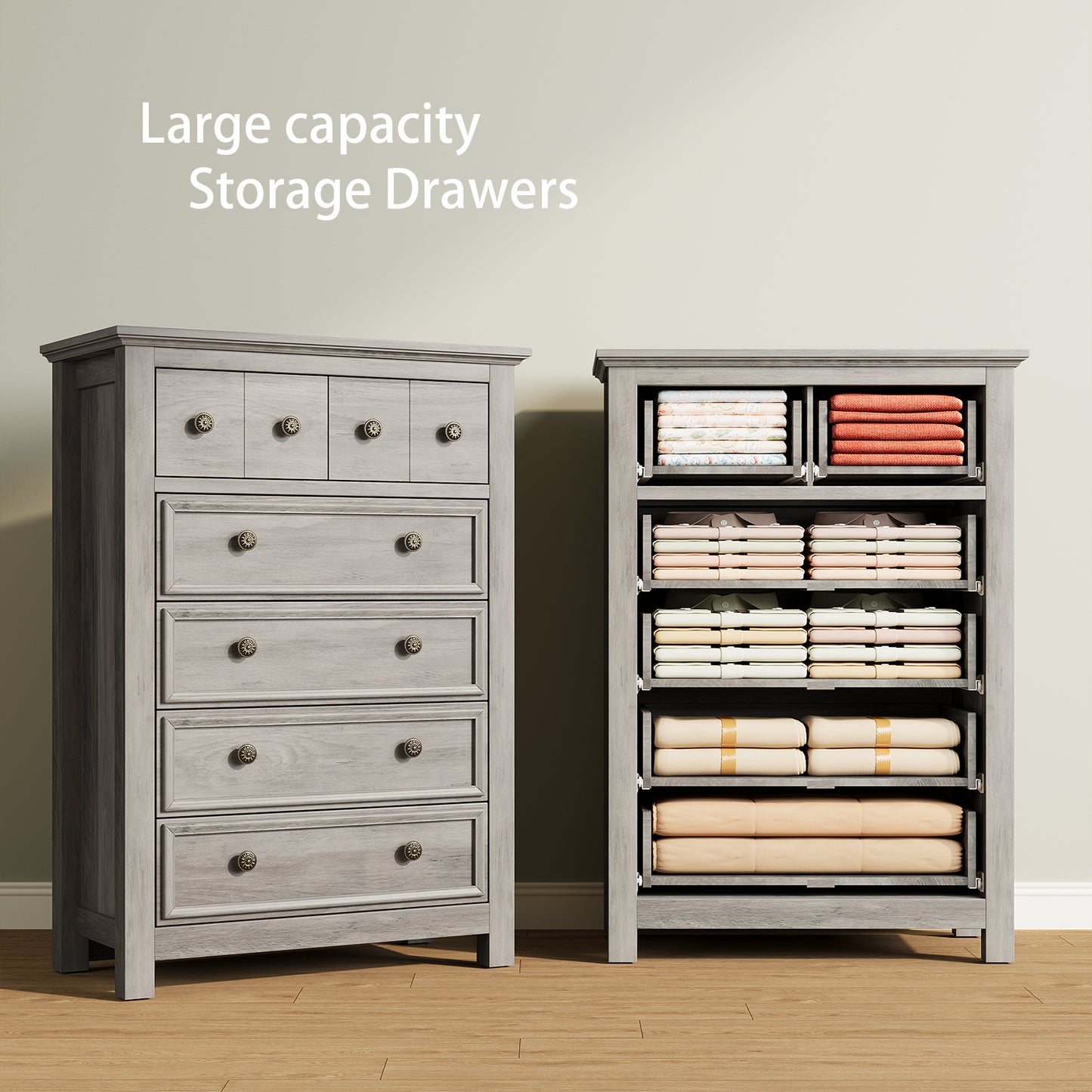 6 Drawers Dresser for Bedroom, Farmhouse Tall Dresser, Gray
