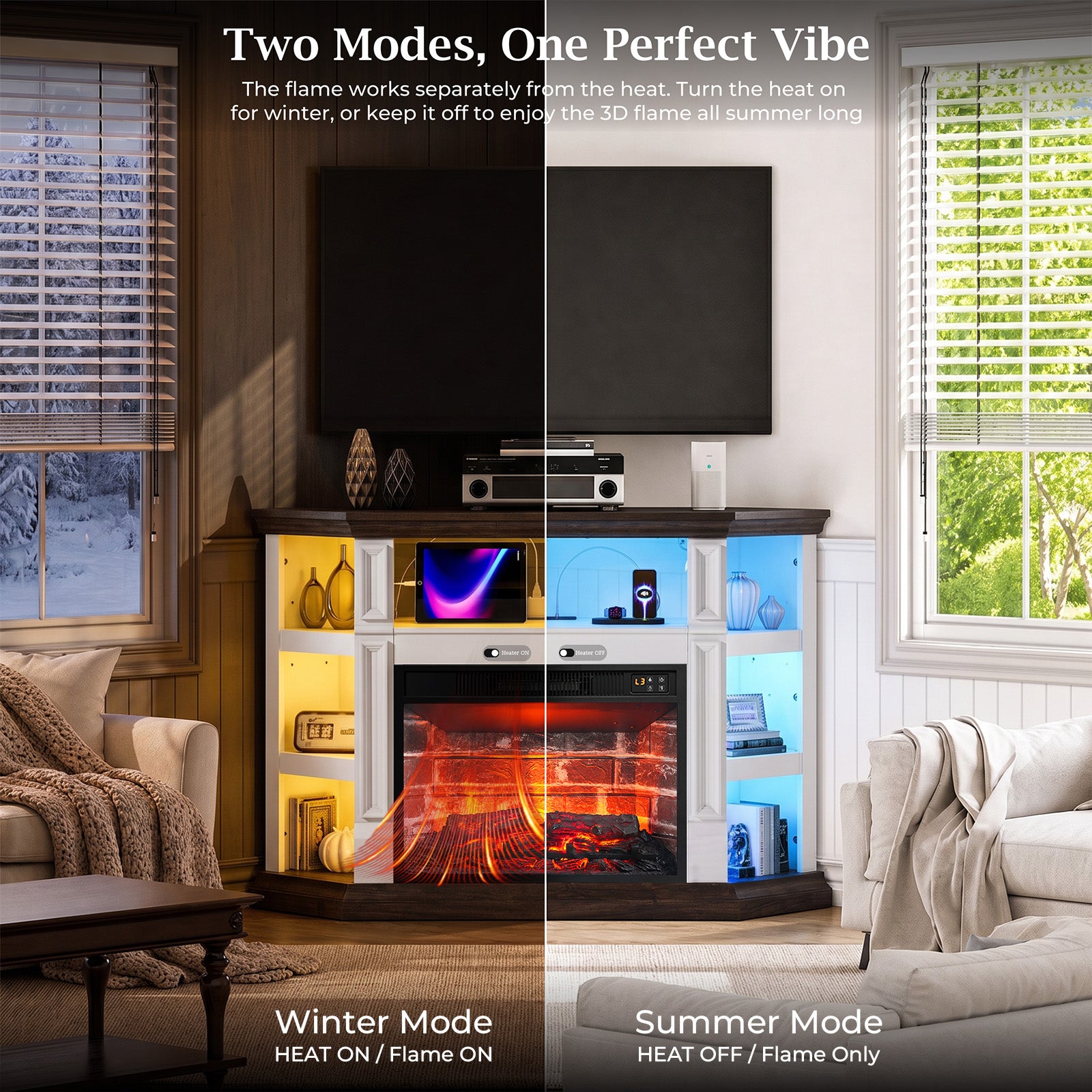Holliwill 47" Corner Fireplace TV Stand with Storage, LED & Outlet, Modern Farmhouse TV Stand with 23" Electric Fireplace(Red Brick)