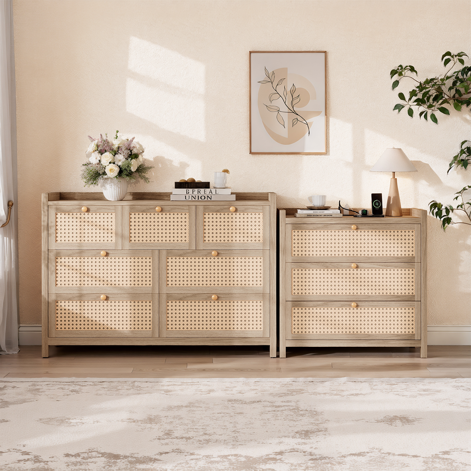 Holliwill 2 Pieces Bedroom Furniture Set, Rattan 7-Drawer Dresser and 3-Drawer Nightstand Set with Charging Station, Chest of Drawers for Bedroom, Natural Oak