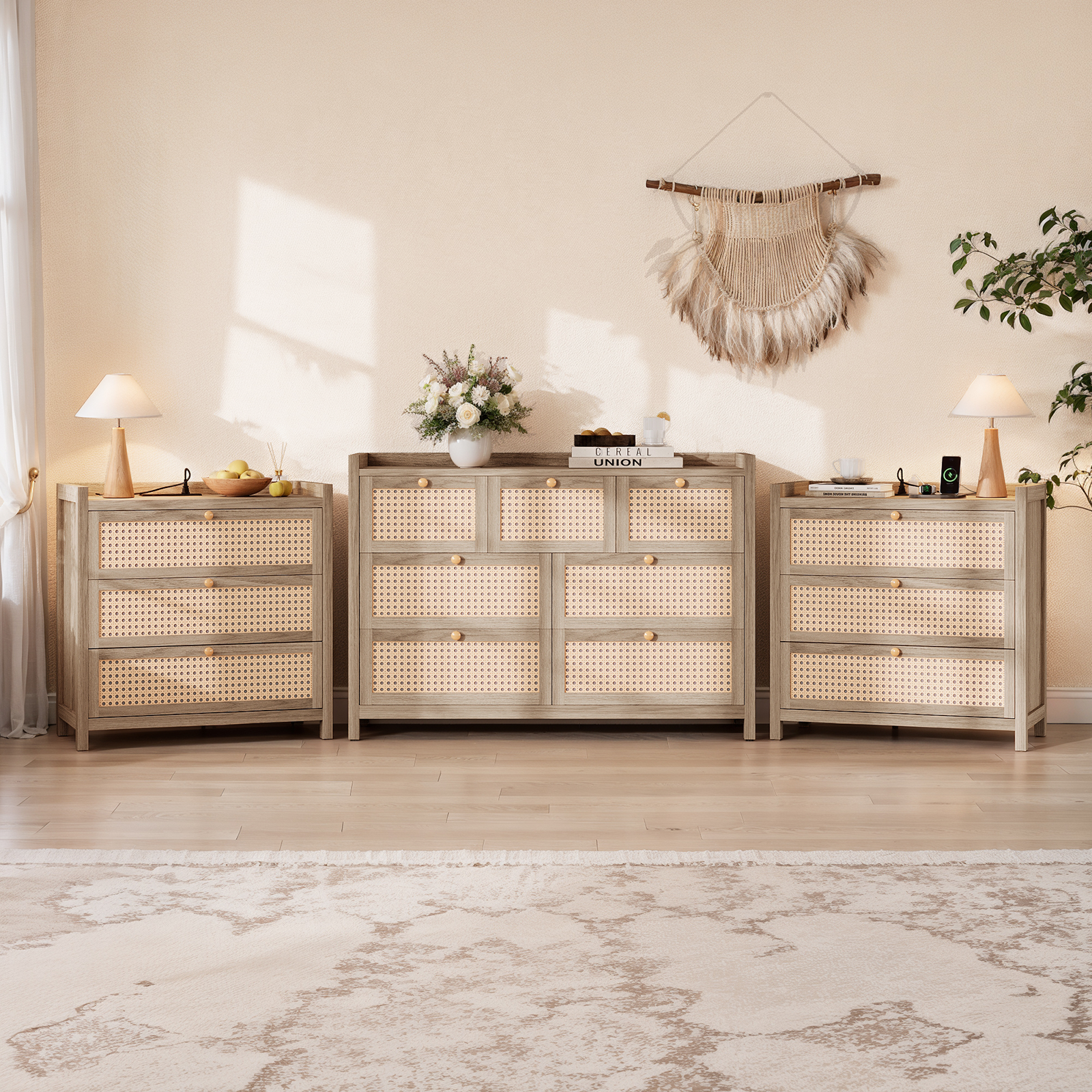 Holliwill 3 Pieces Bedroom Furniture Set, Rattan 7-Drawer Dresser and 3-Drawer Nightstand Set with Charging Station, Chest of Drawers for Bedroom, Natural Oak