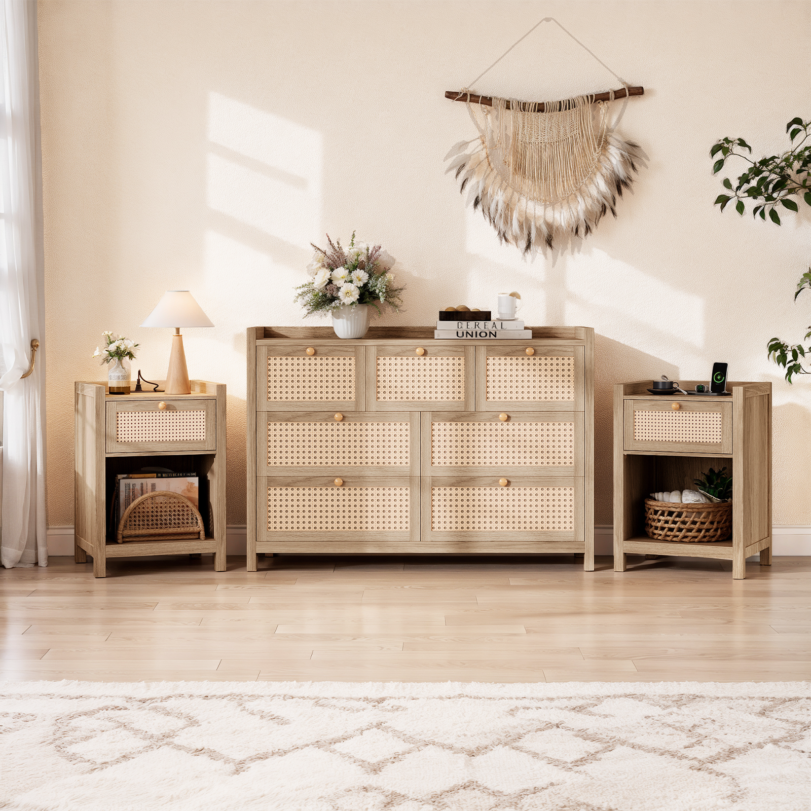 Holliwill 3 Pieces Bedroom Furniture Set, Rattan 7-Drawer Dresser and Nightstand Set with Charging Station, Chest of Drawers for Bedroom, Natural Oak