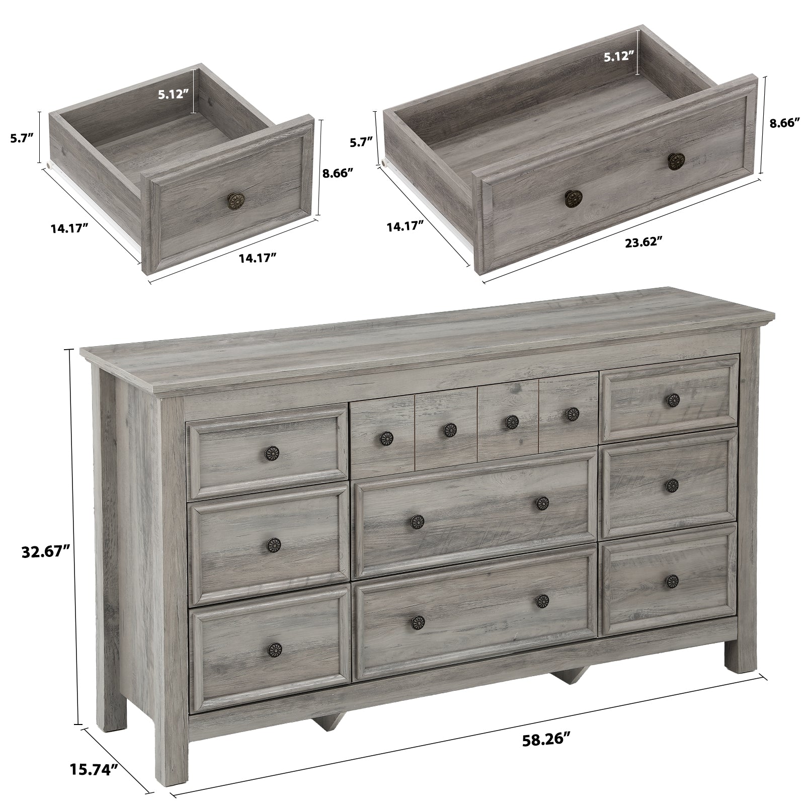 Holliwill Farmhouse Bedroom 2/3 Pieces Set, Drawer Dresser and 2 Drawer Nightstand with Open Shelf & Charging Station, Chest of Drawers for Bedroom, Grey
