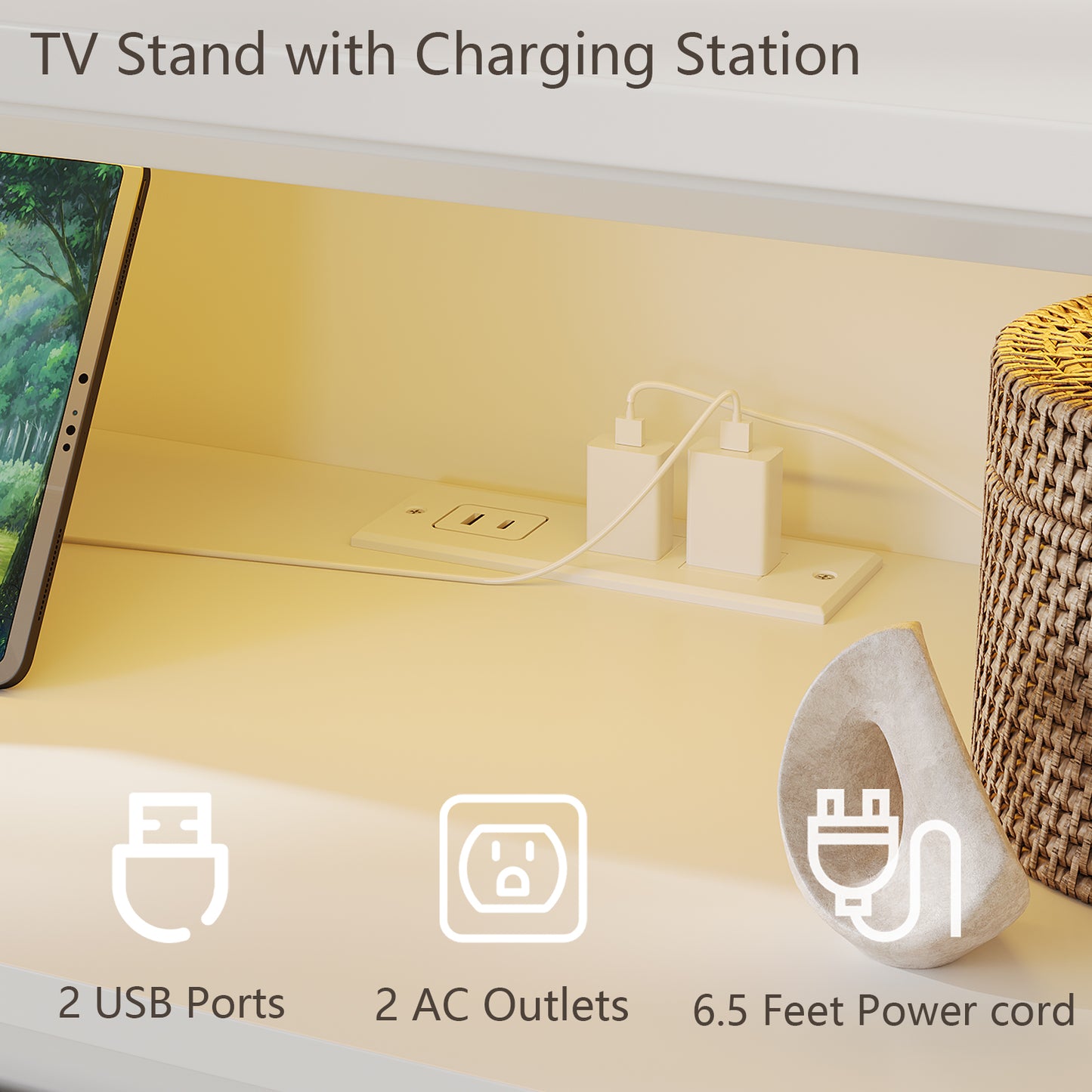 70" TV Stand for TVs up to 80" with Charging Station & LED Lights,White