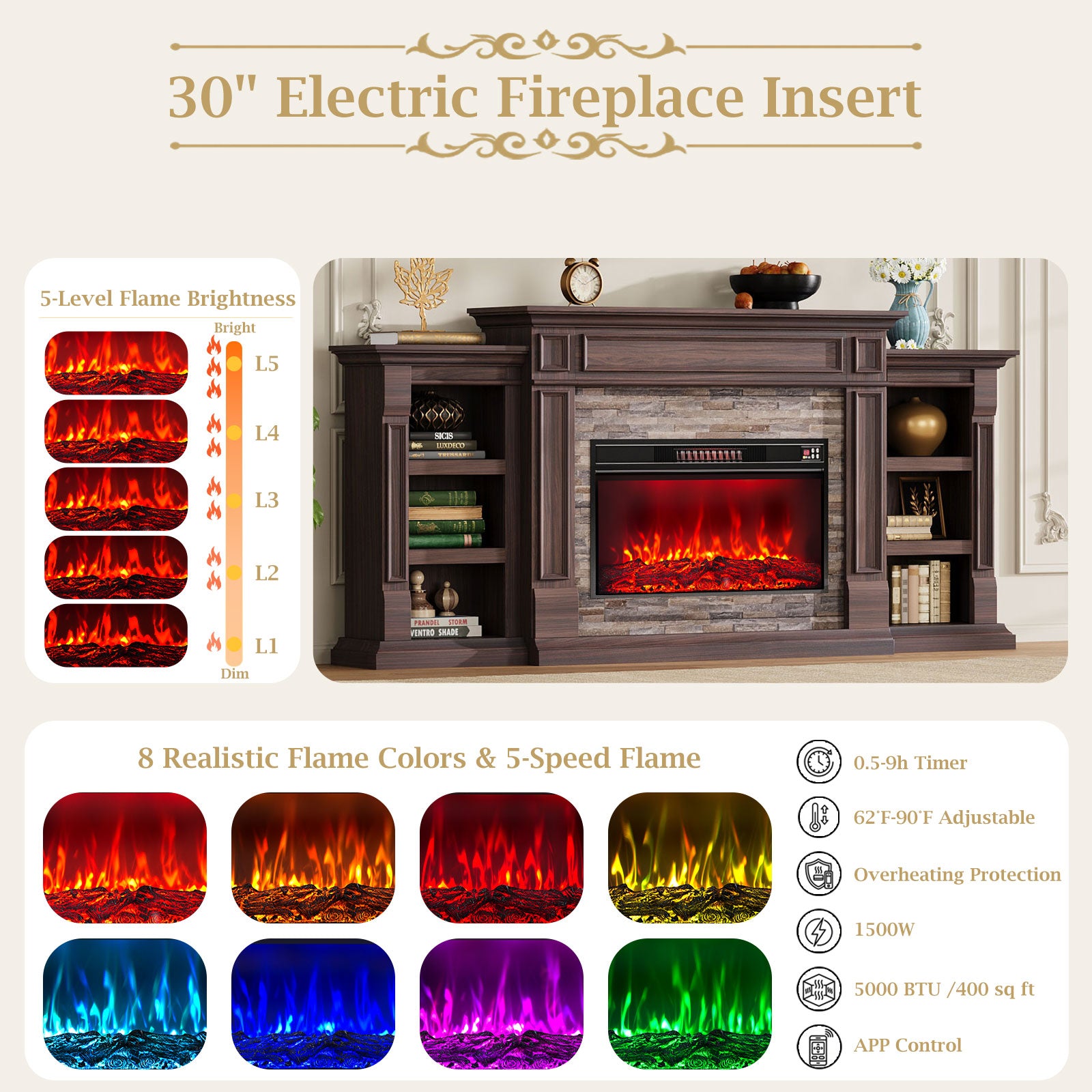 Holliwill 80" Electric Fireplace with Mantel, Modern Farmhouse TV Stand for TVs up to 90" with 30" Colorful Insert Heater, Brown