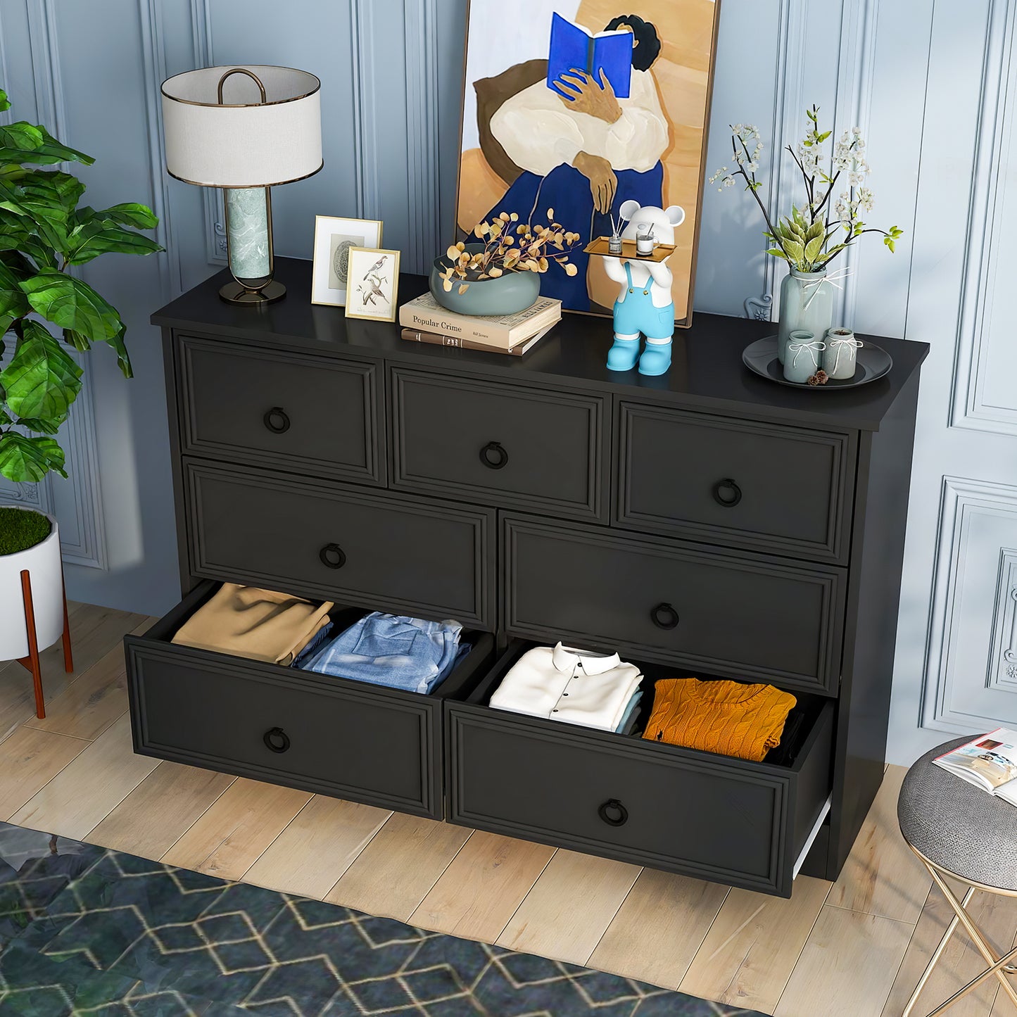 7 Drawer Dresser Chests for Bedroom, Chest of Drawers for Home Black
